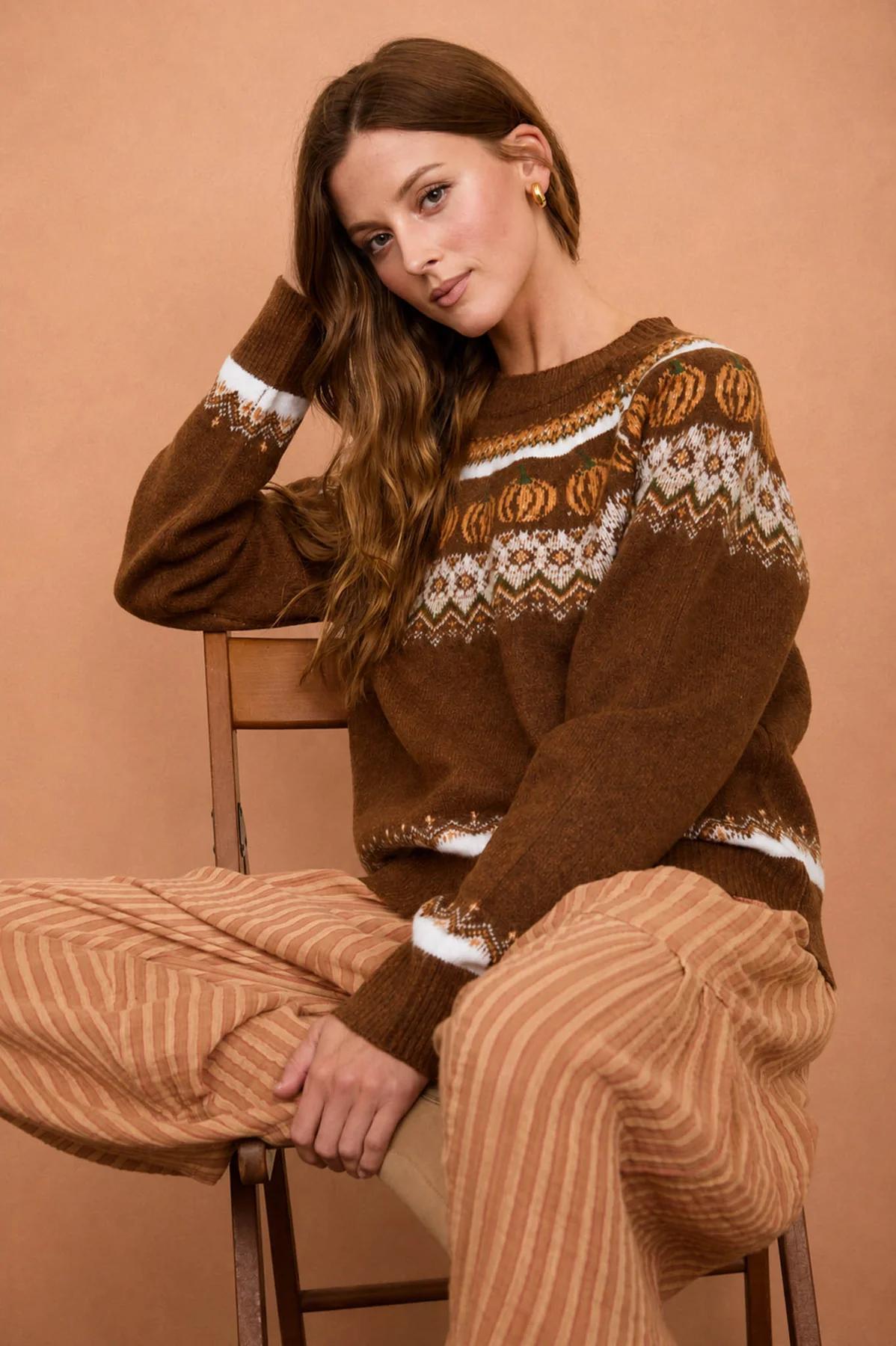 BROWN PUMPKIN FAIR ISLE LONG SLEEVE KNIT SWEATER