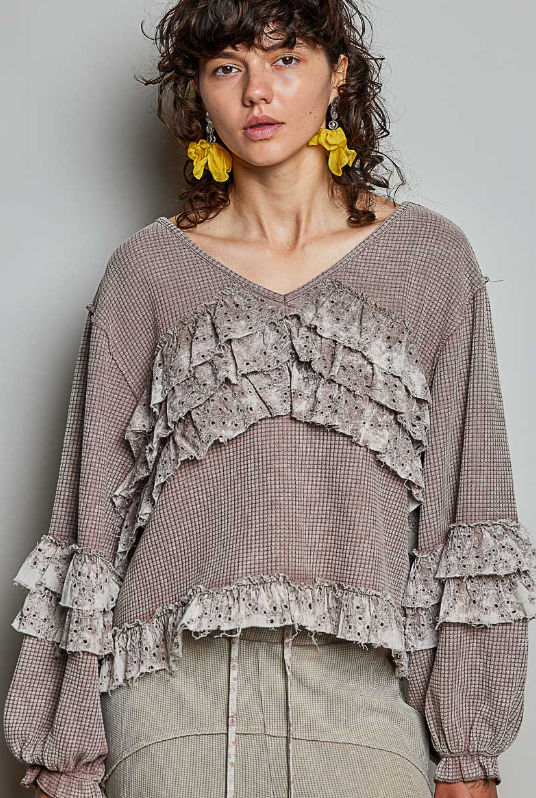 Vintage Washed Relaxed Thermal Ruffle Balloon Sleeve Top