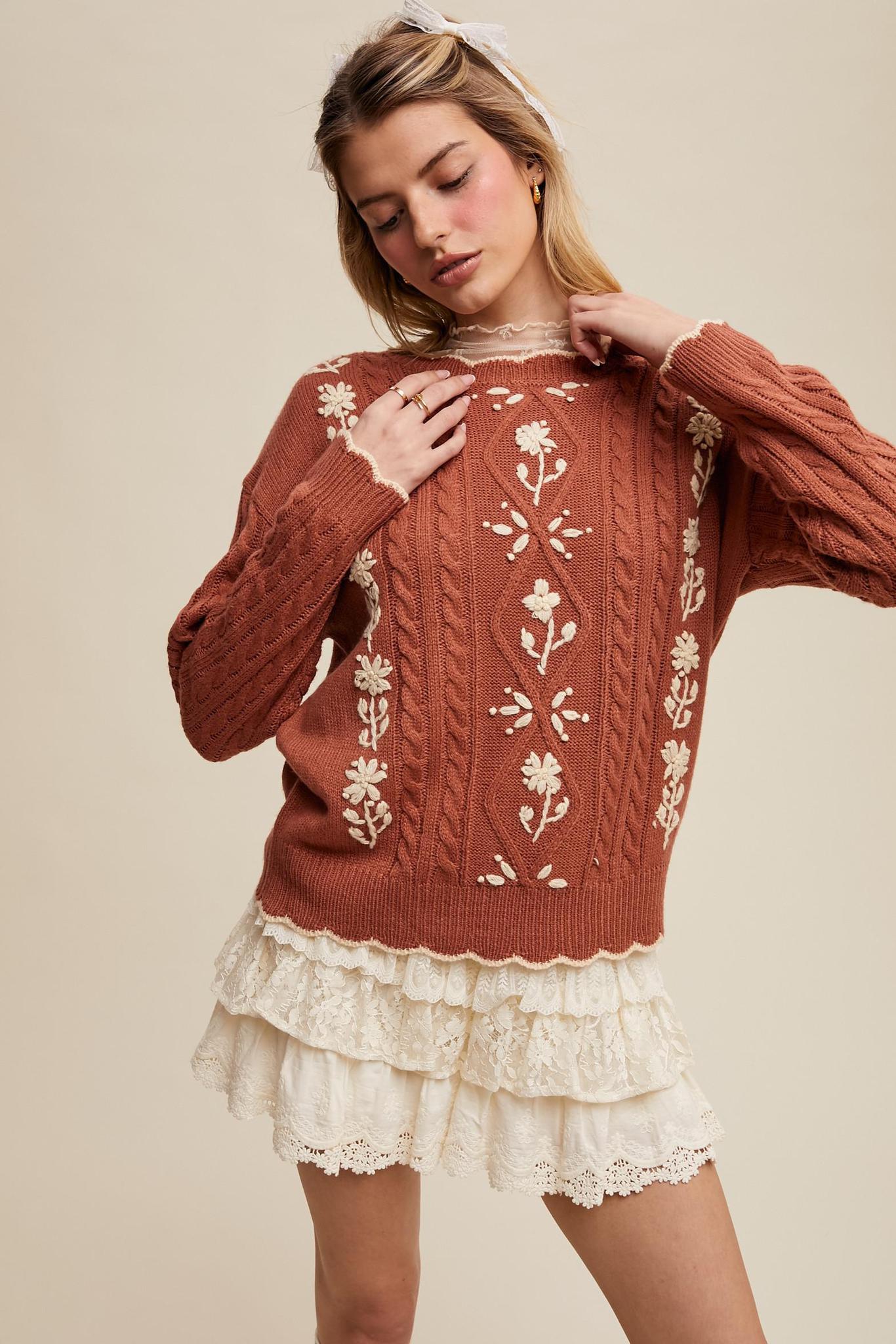 Floral Embroidered Cable Knit Sweater