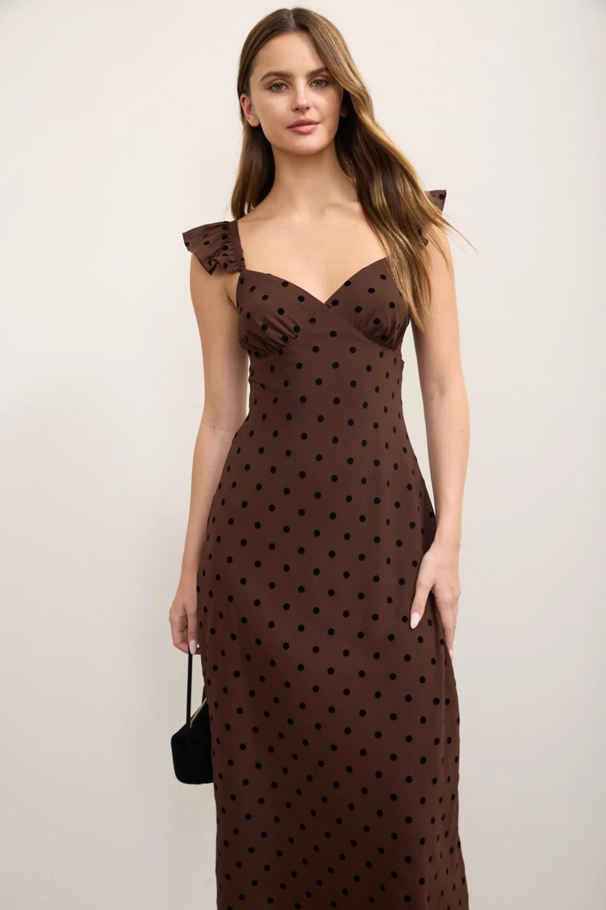 BROWN POLKA DOT FLOCK SWEETHEART MIDI DRESS
