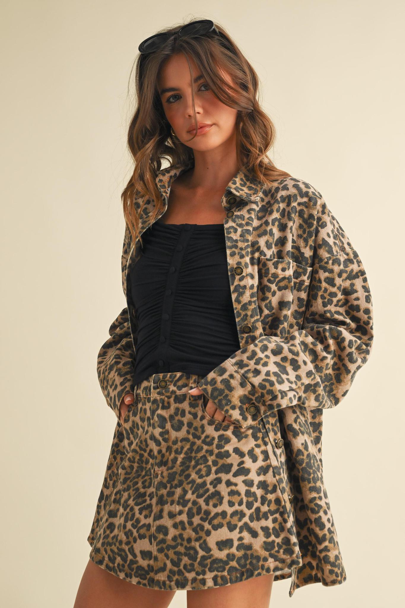 Leopard Shacket And Mini Skirt Set
