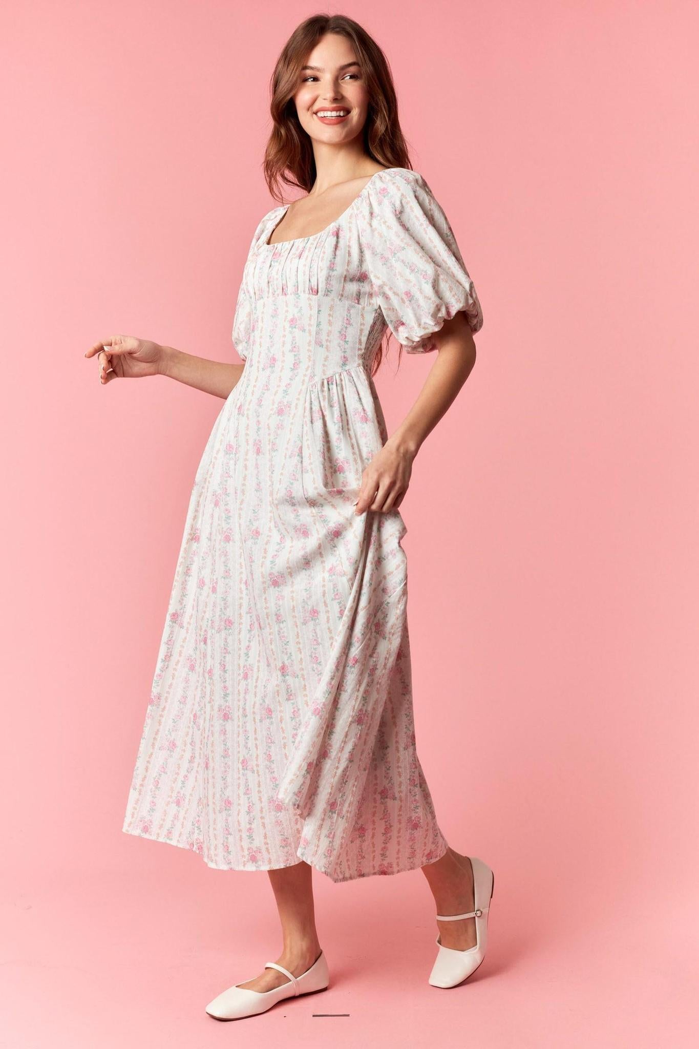 Striped Floral Bubble Sleeve Pleat Detail Dress