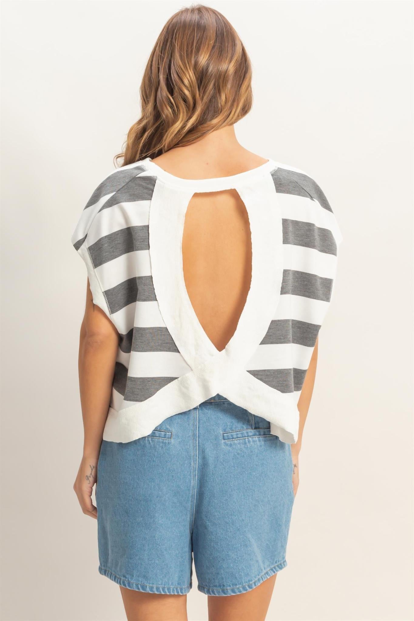 Striped Boxy Crew Neck Top - Heather Gray