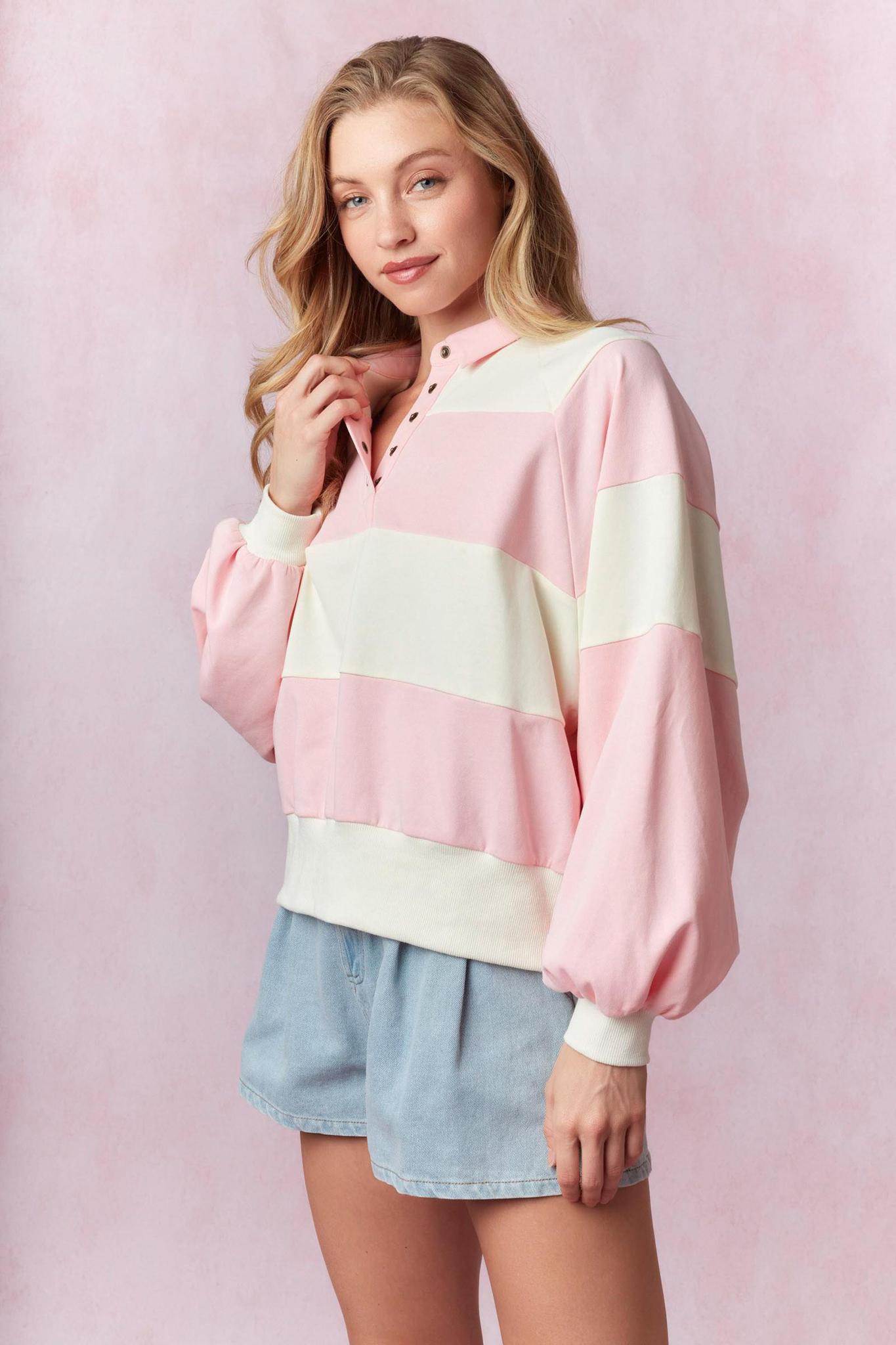 Pink/ivory Striped Snap Button Pullover