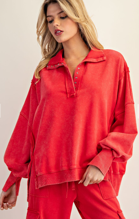 Red Snow Washed Long Sleeve Pull Over