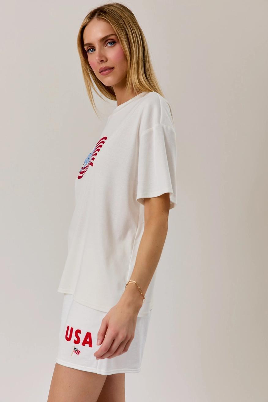 Round Neck USA Flag Graphic Embroidered T-Shirt