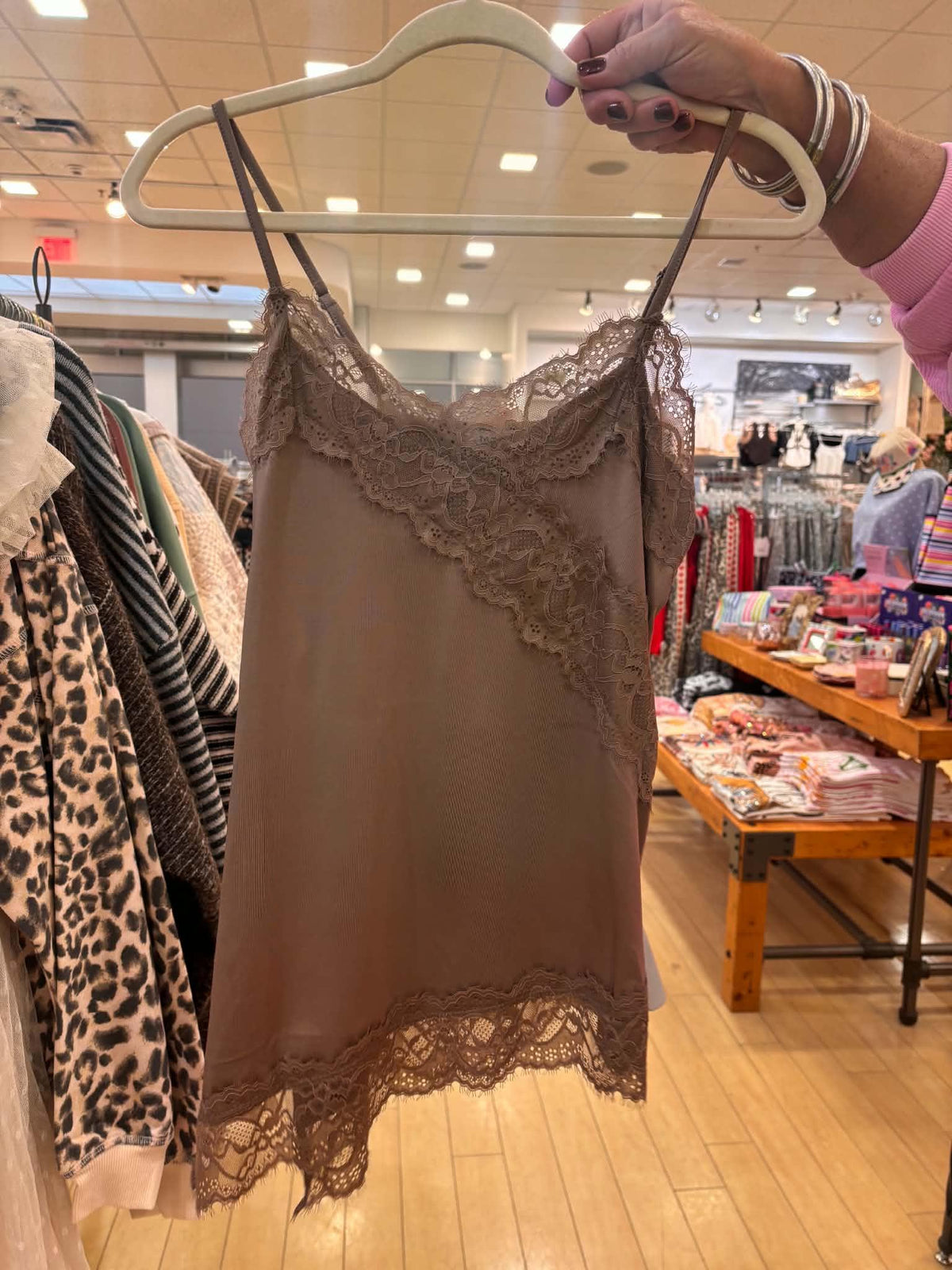 DEEP TAUPE DIAGONAL LACE TRIM KNIT CAMI TOP