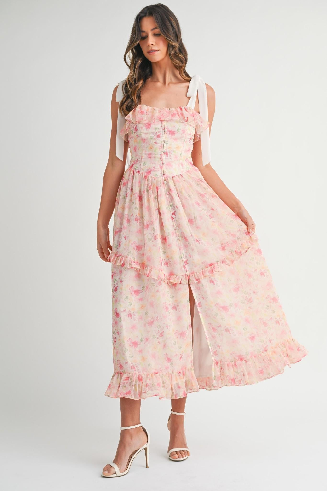 Pink Floral Printed Shoulder Strap Midi Dress