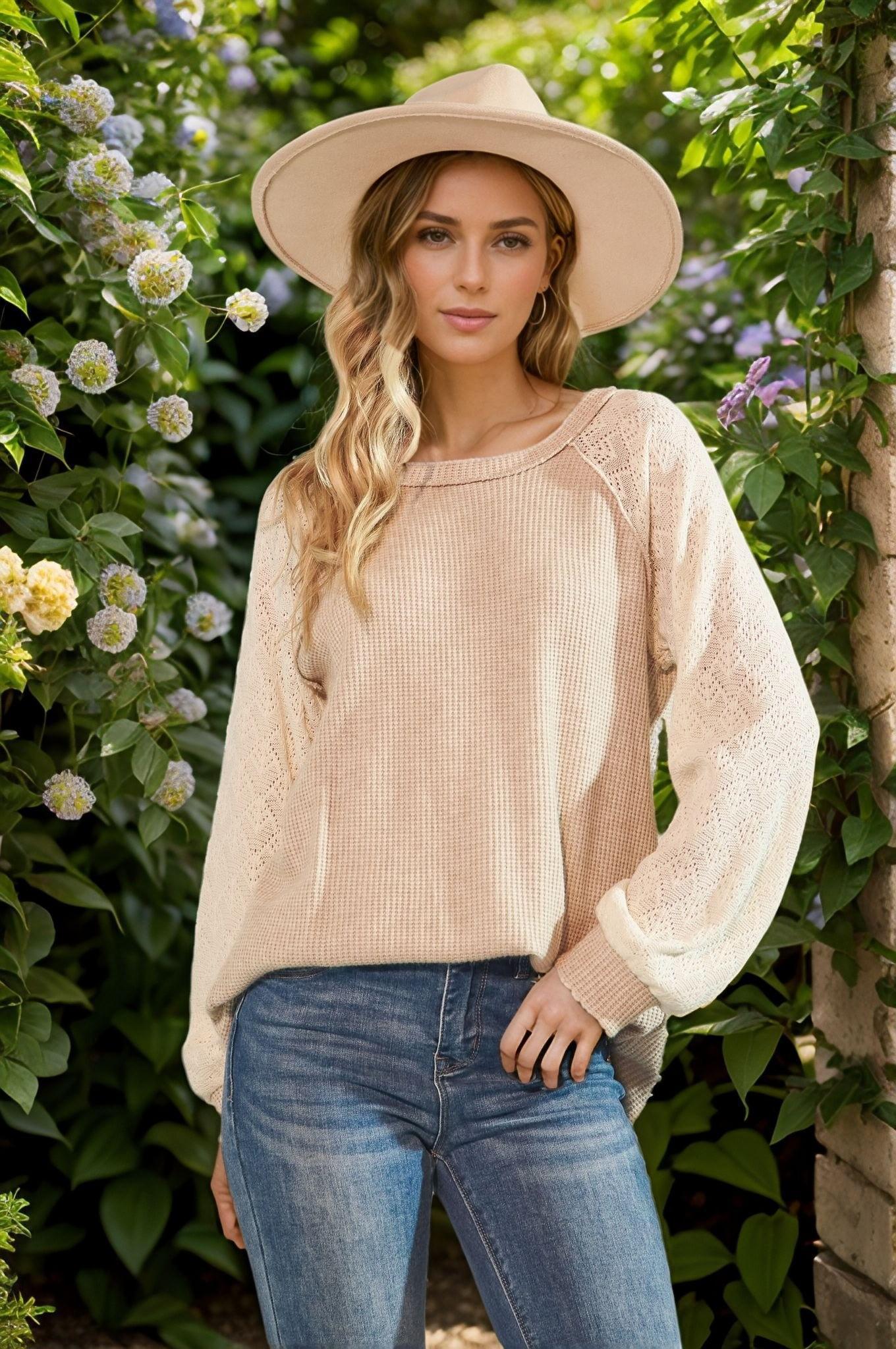 Oatmeal Puff Sleeve Solid Color Block Top