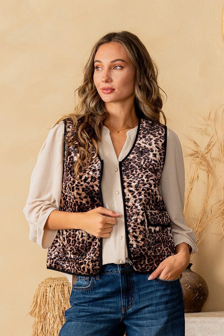 Leopard Print Velvet Quilted Vest