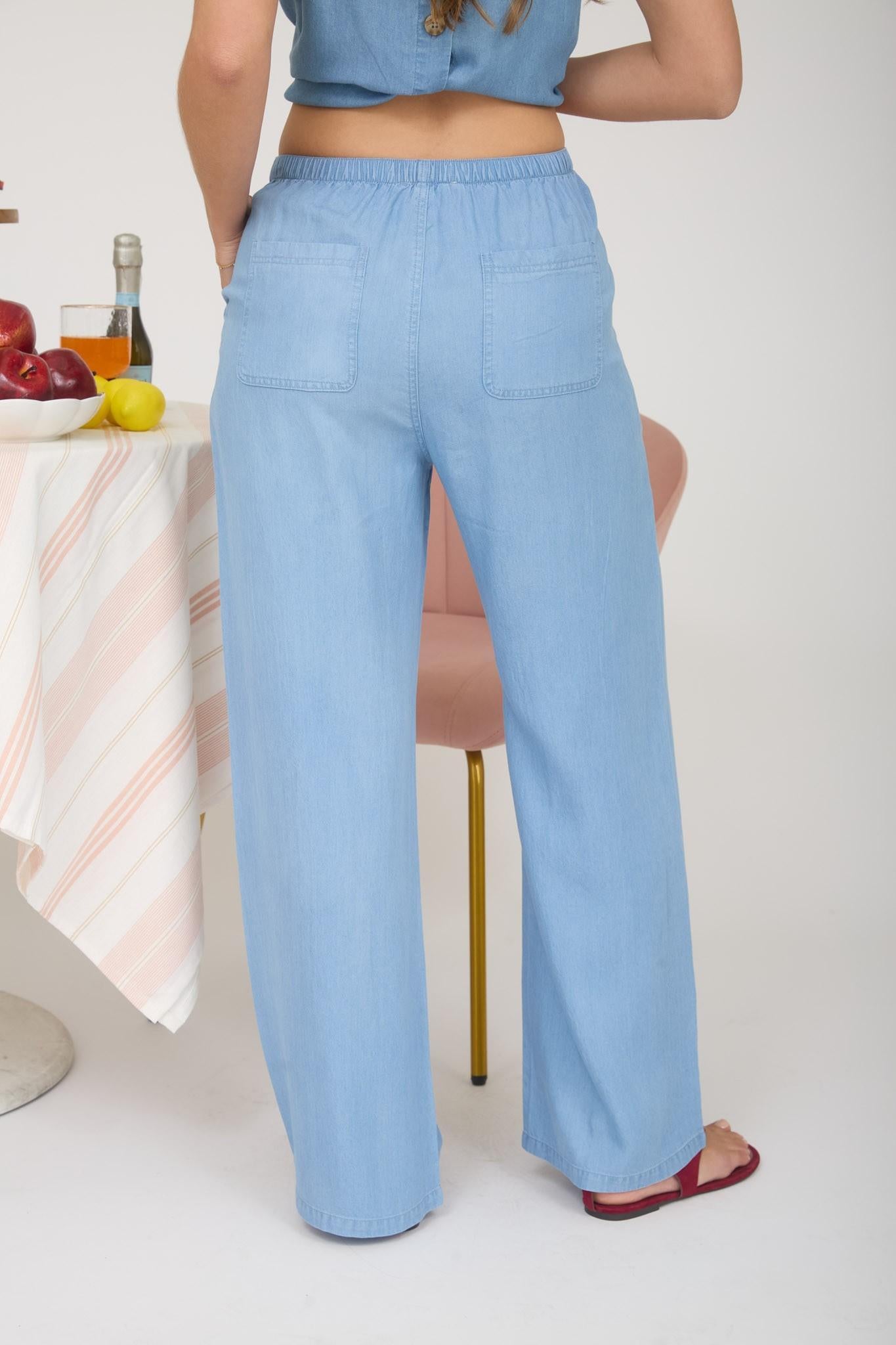 Chambray Drawstring Wide Pants