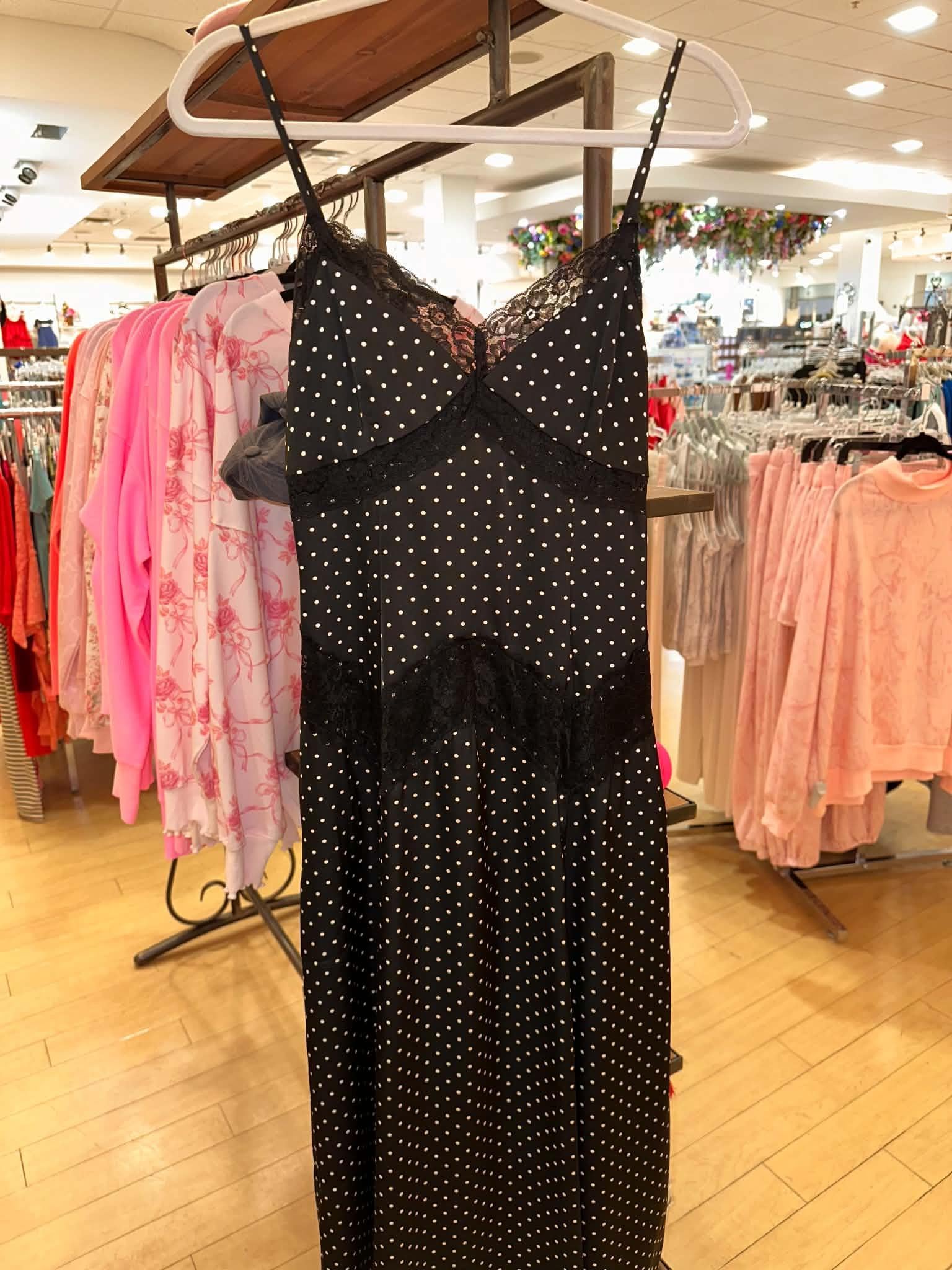 Black Polka Dot Lace Trim Midi Dress