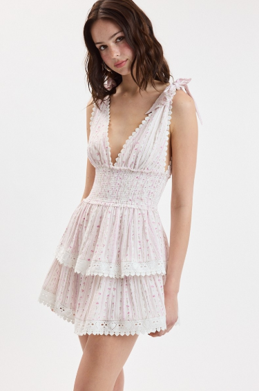 Border Stripe Tie Strap Layered Lace Mini Dress