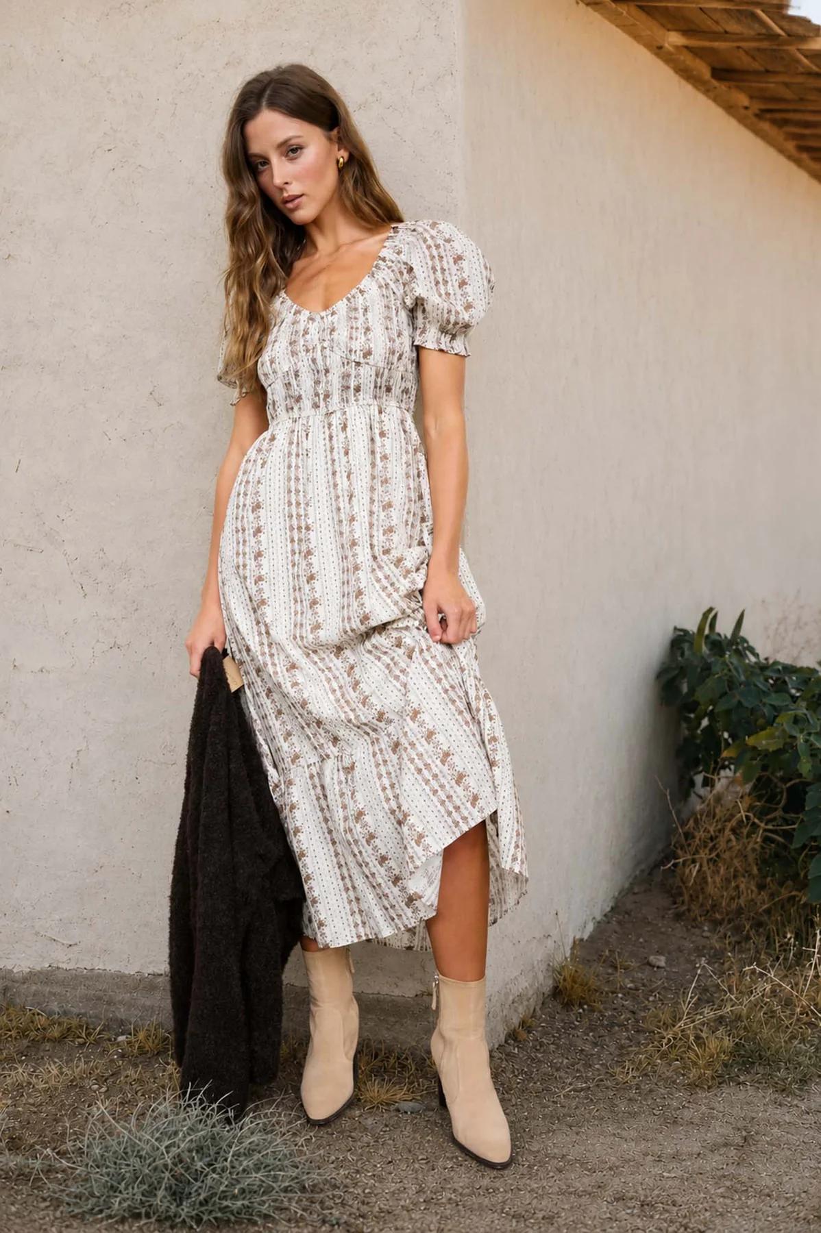 BROWN FLORAL STRIPE PUFF SLEEVE RUFFLED MIDI DRESS
