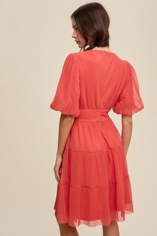 Coral Pleated Mini Dress