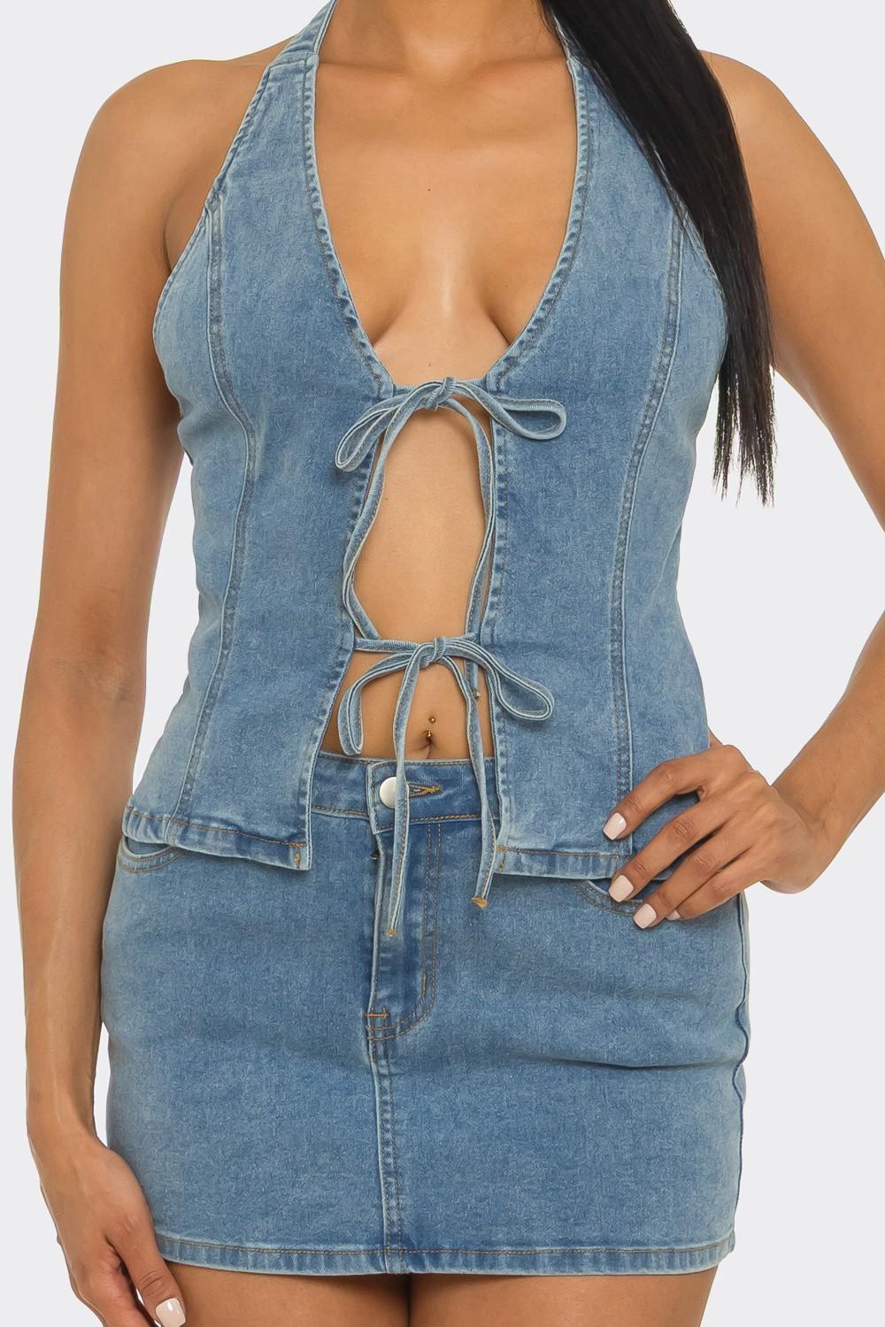 Halter Neck Front Tie Top And Mini Skirt Set