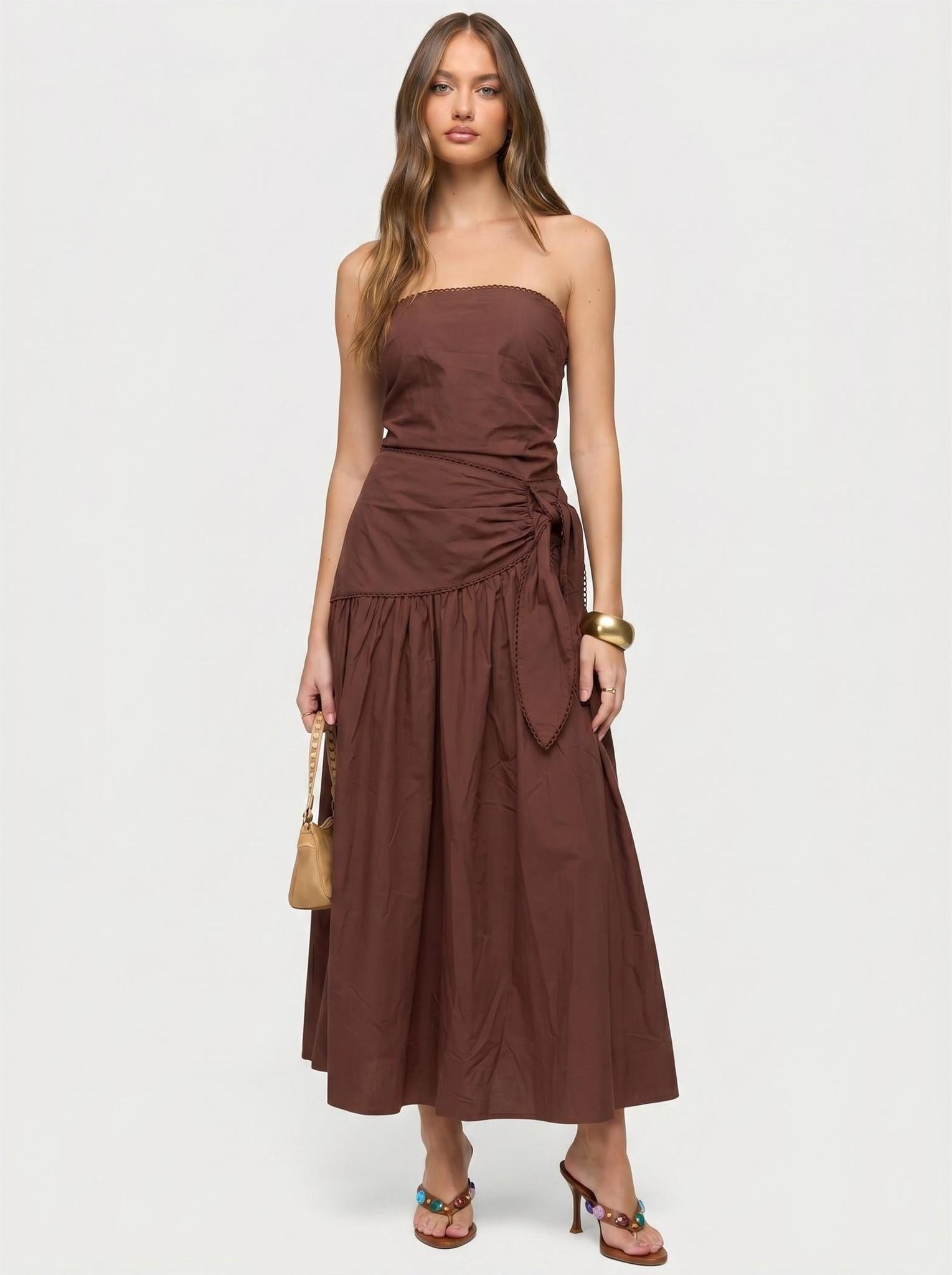 Brown Strapless Flowy Cotton Midi With Waist Side Tie