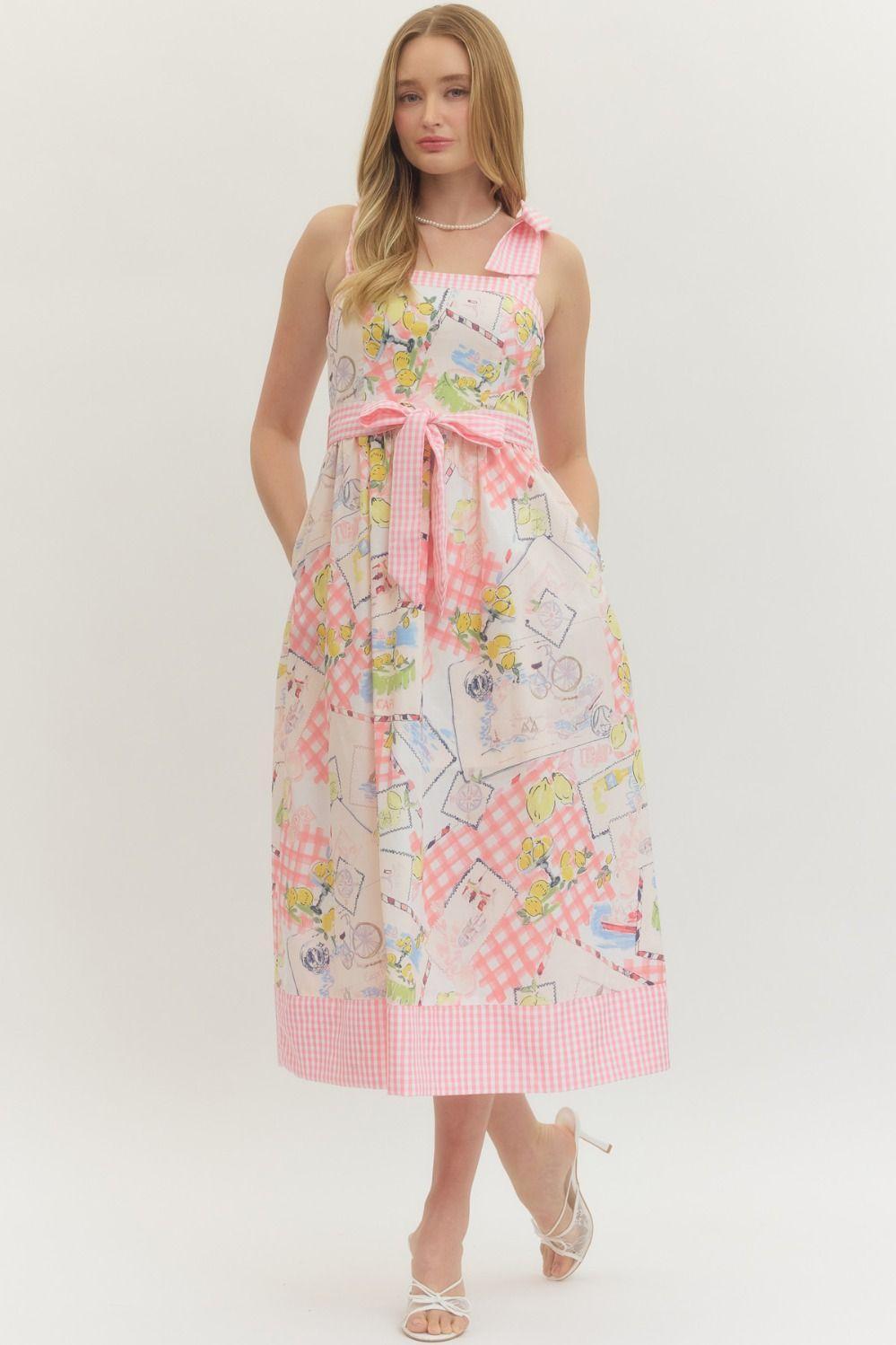 Pink Print Waist Bow Midi Dress