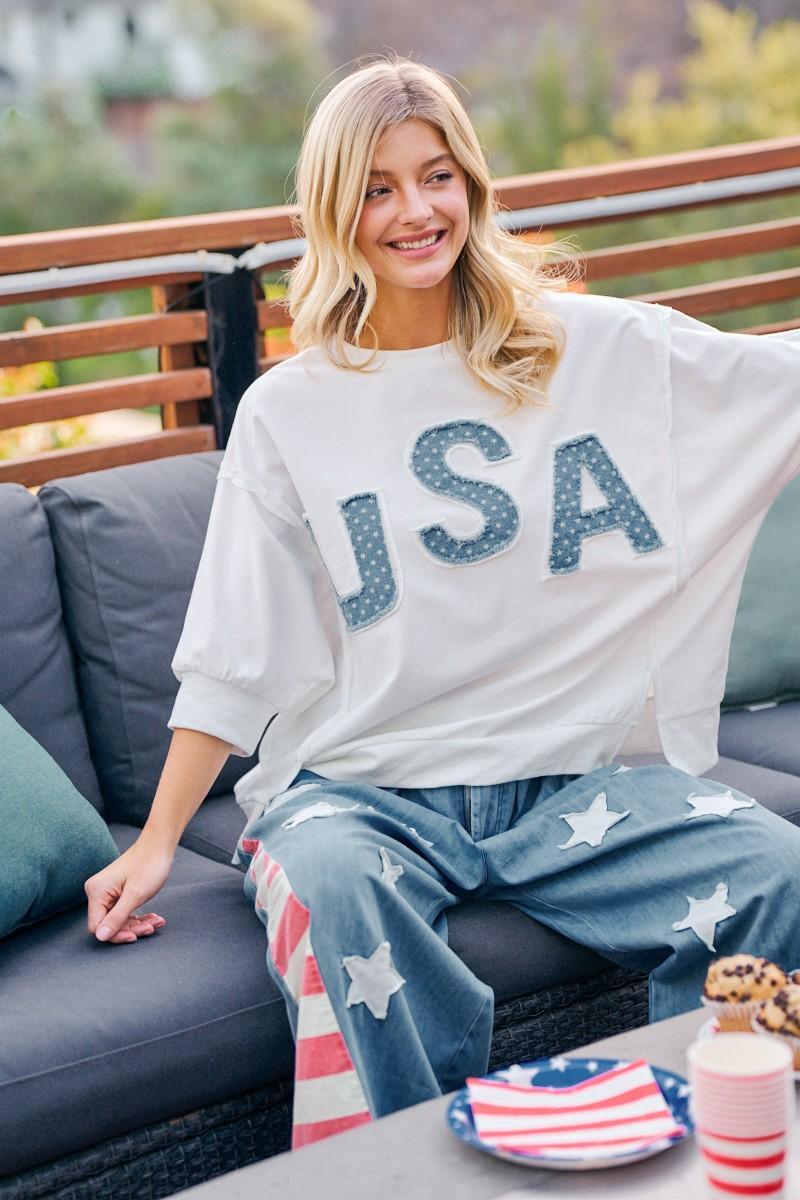 Ivory USA Letter Patchwork Terry Top