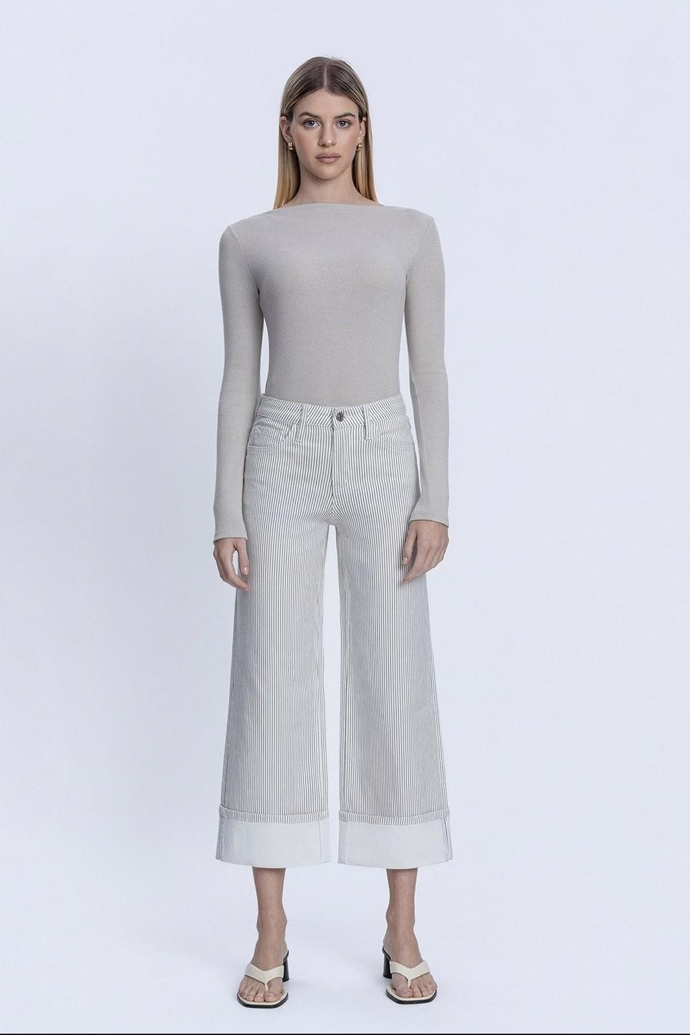 High Rise Stripe Print Cuffed Crop Wide Jeans