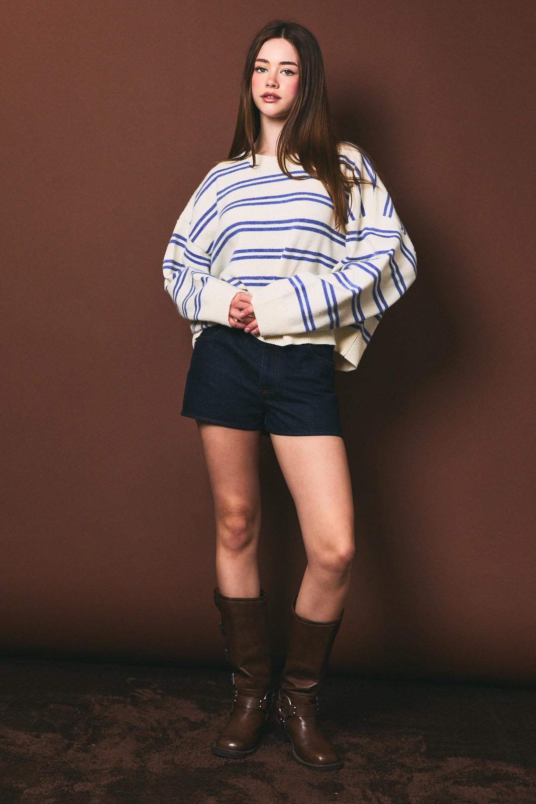 White/Blue Round Neck Stripe Knit Sweater Top