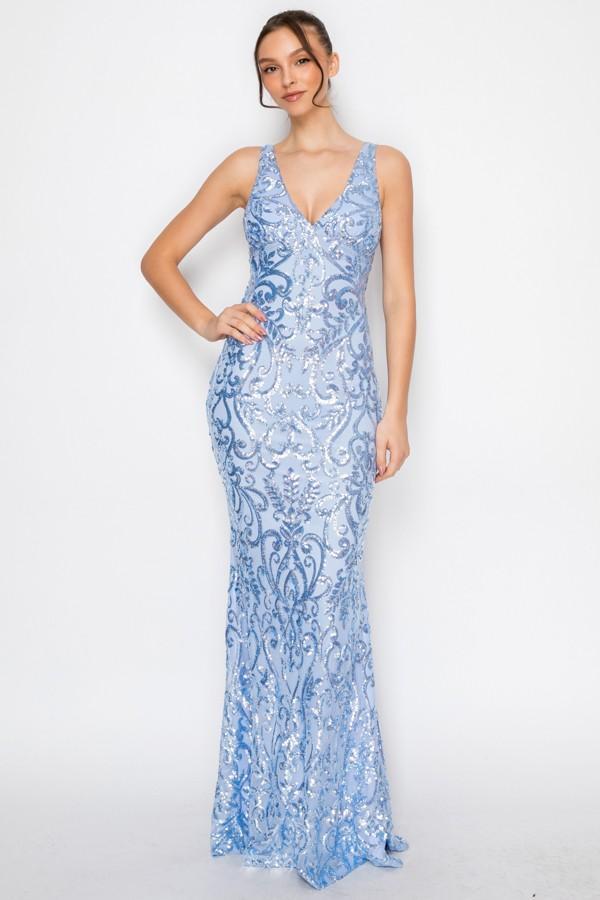 Sequin V-neck Satin Bow Maxi Dress - Blue