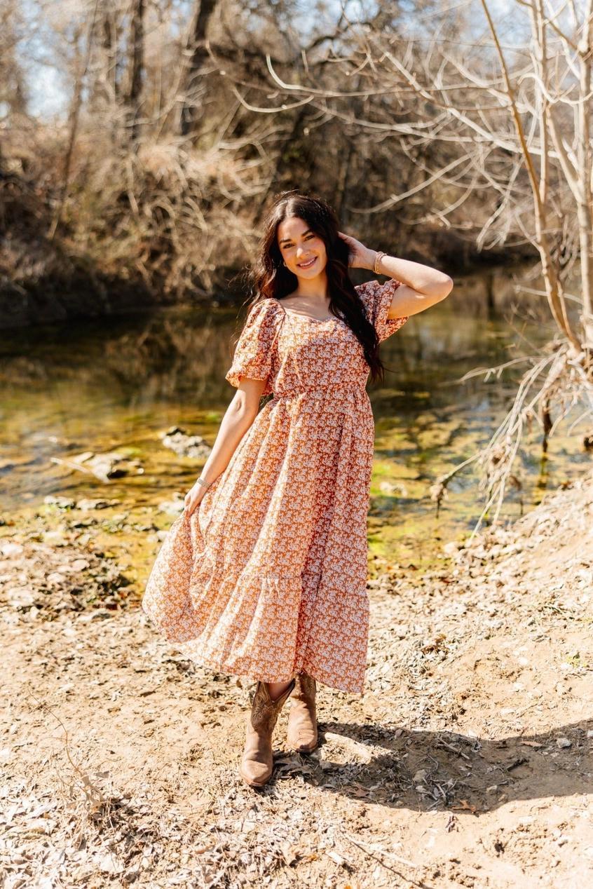 Rust Floral Puff Sleeve Midi Dress