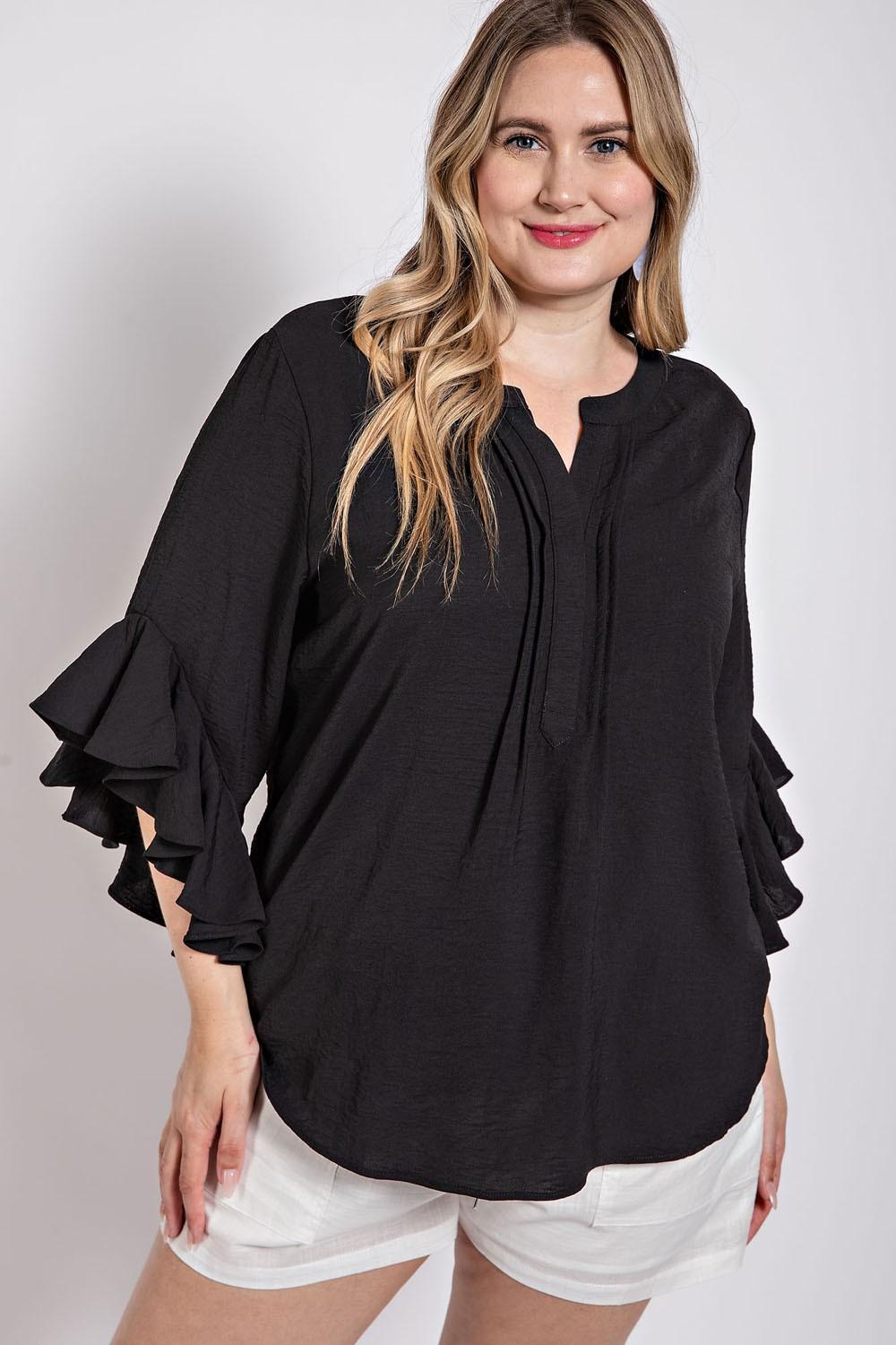 Ruffled Bell Sleeve Front Pleated Blouse - Black