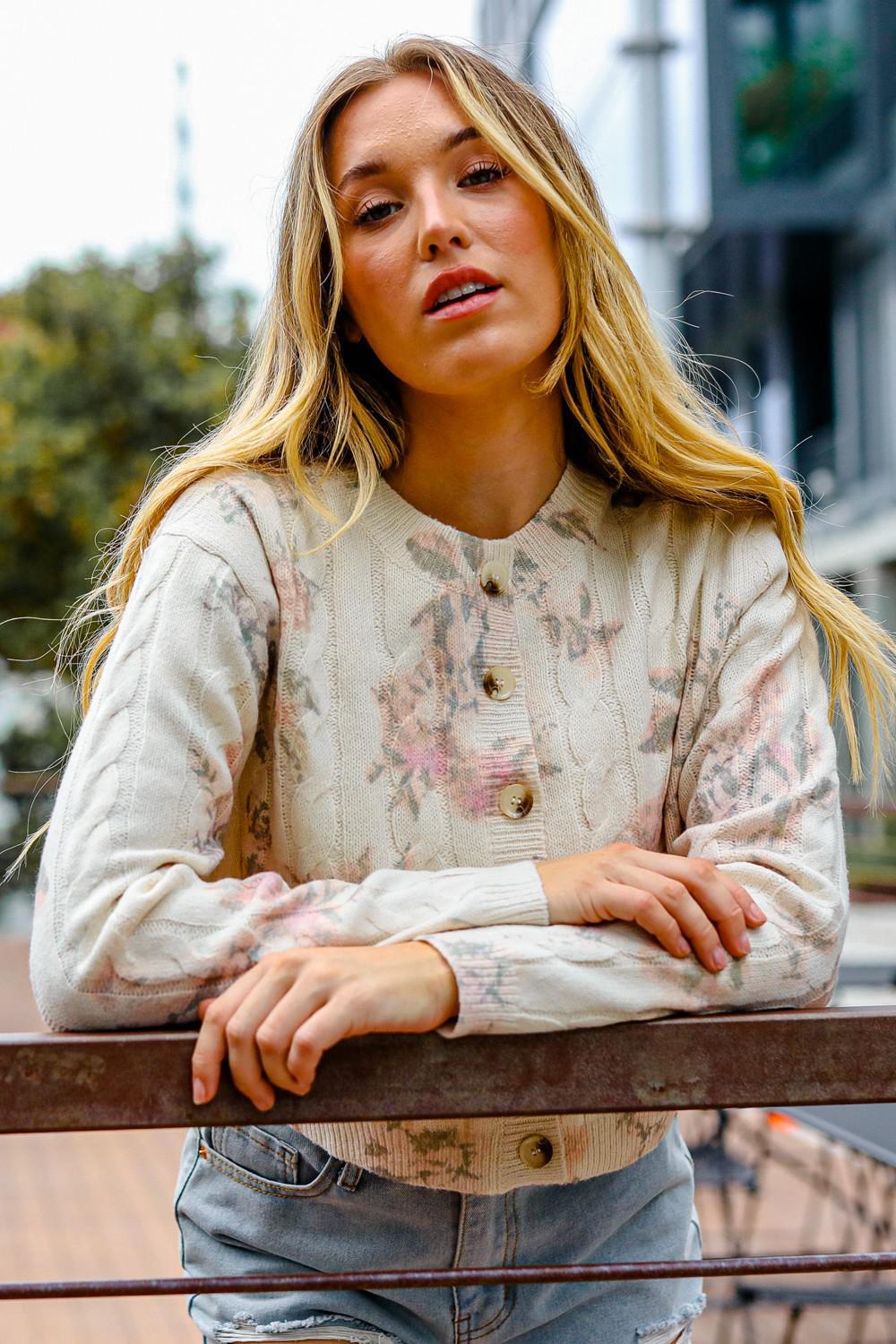 Button Down Floral Cable Sweater