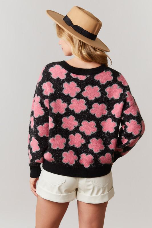 Pink Flower Black Sweater