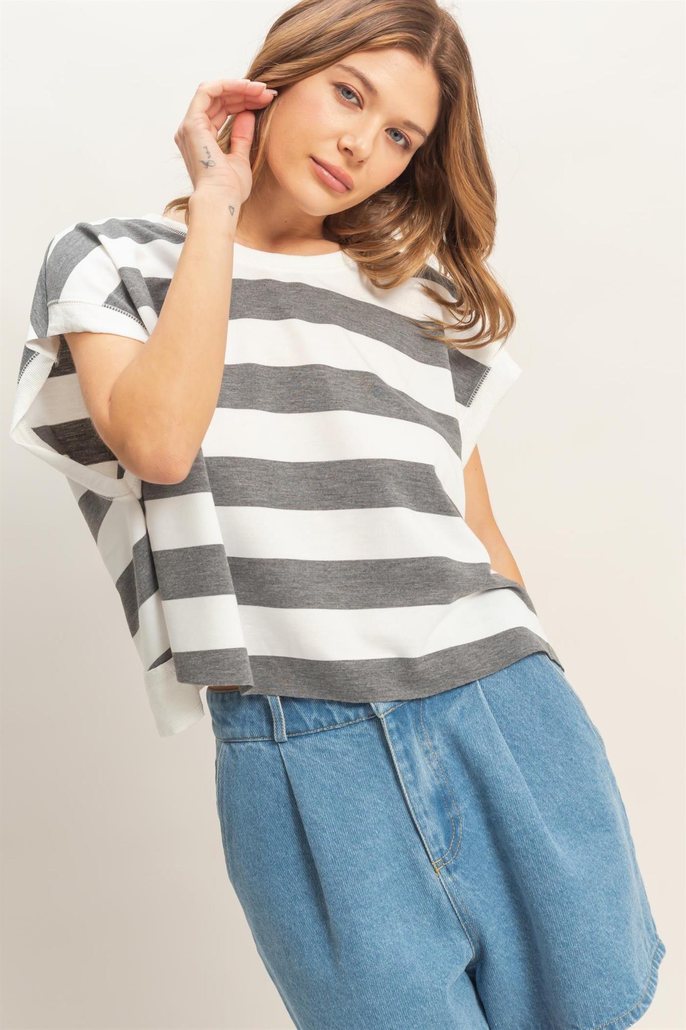 Striped Boxy Crew Neck Top - Heather Gray