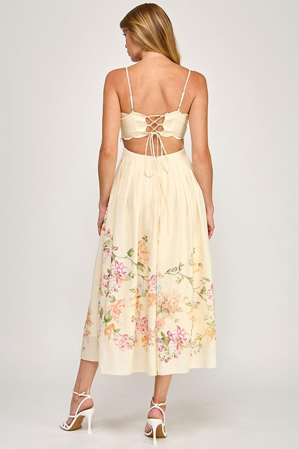 Cream Floral Scallop Dress