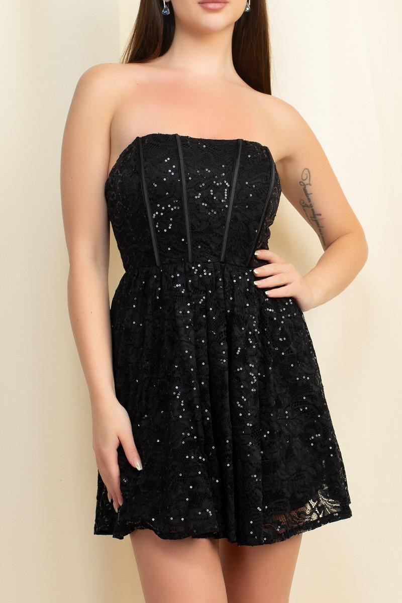 Sequin Black Lace Strapless Fit & Flare Mini Dress