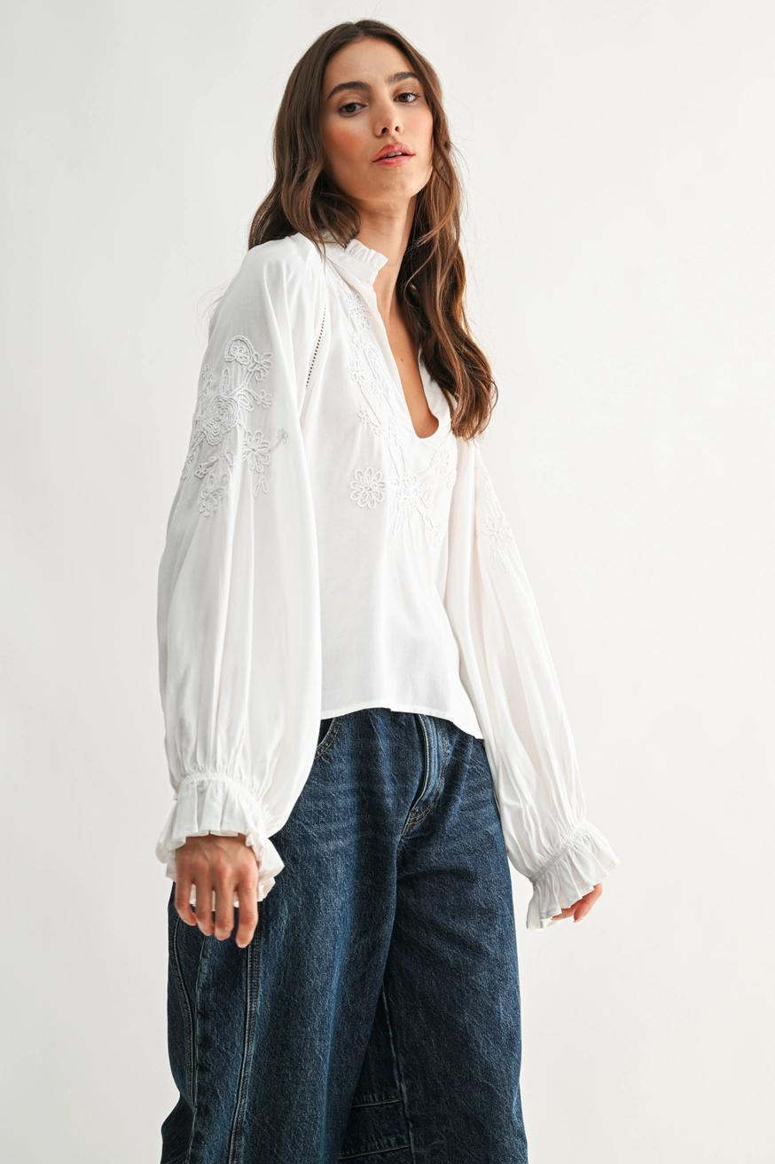 Boho-Chic Embroidered White Peasant Blouse