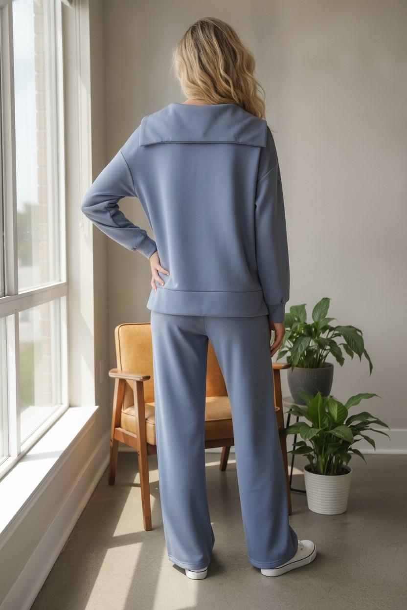 Navy Soft Cupro Pullover And Wide Leg Pants Set