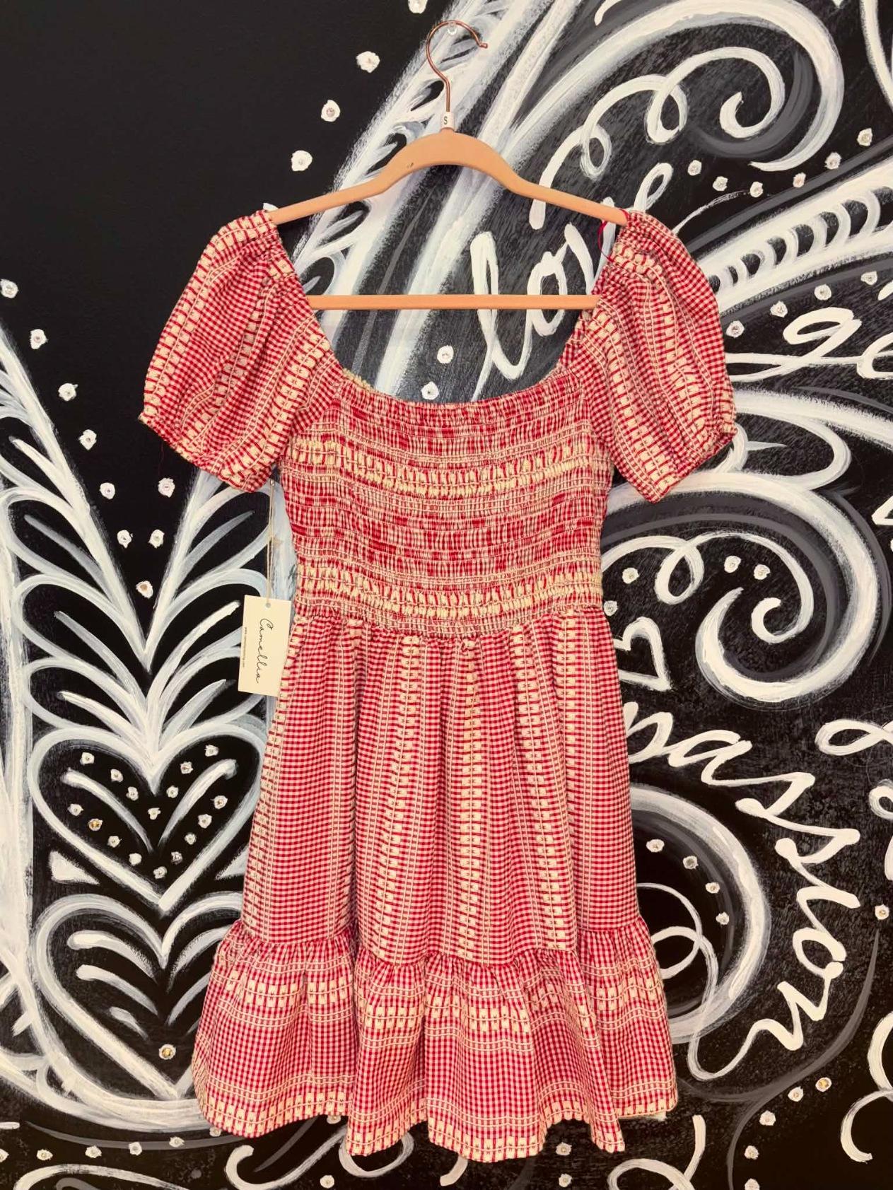Red Gingham Smocked Mini Dress