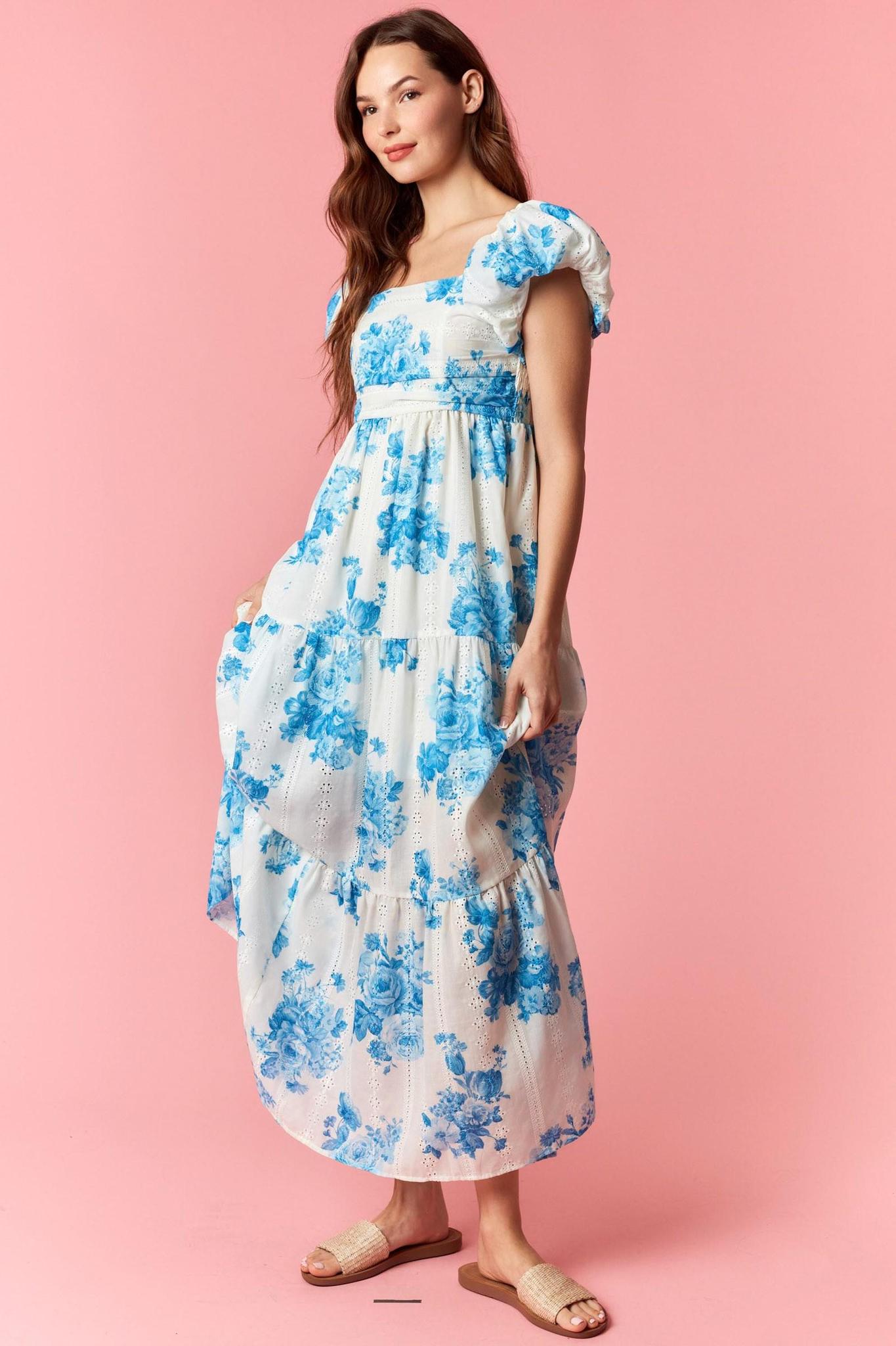 Blue Floral Print Cap Puff Sleeve Smocked Maxi Dress