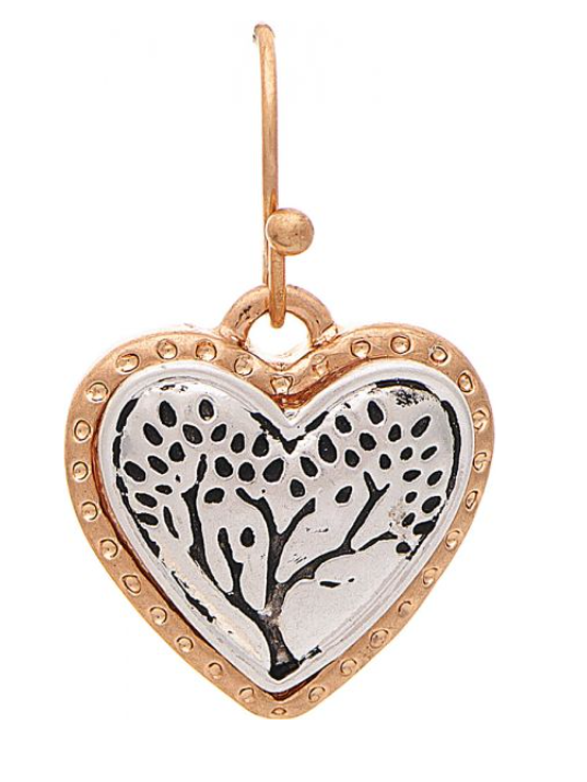 Two Tone Engraved Tree Heart Earring