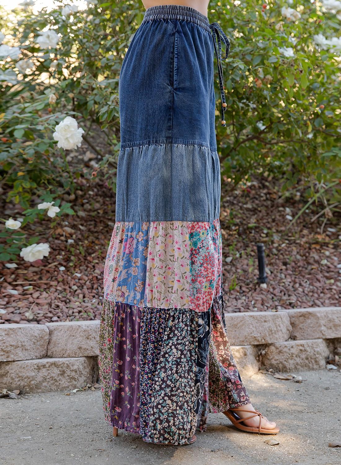 Artisan Flax 4-tier Denim Patchwork Wide Leg Pants