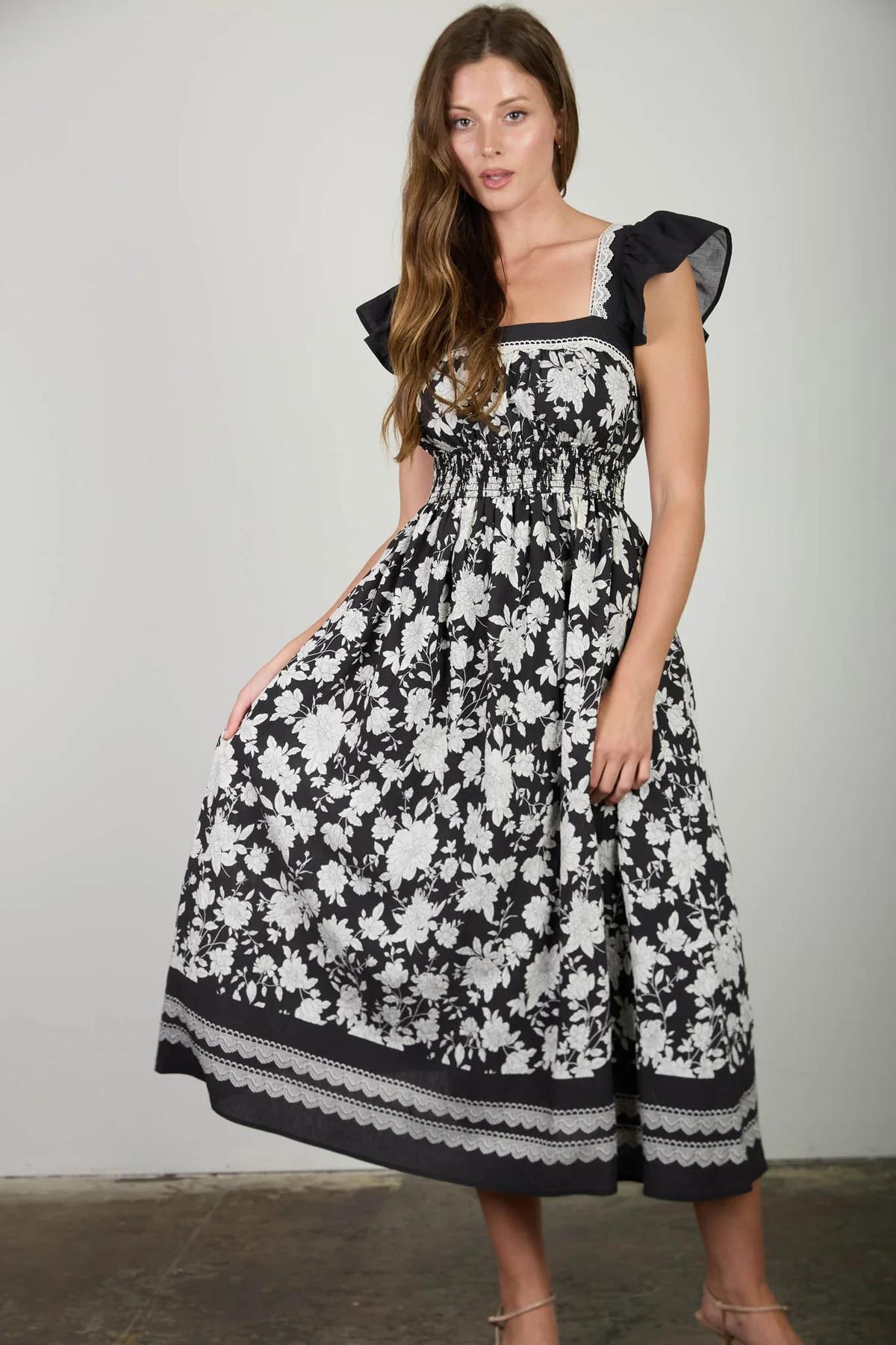 BLACK FLORAL BORDER DETAIL SMOCKED WAIST MIDI DRESS