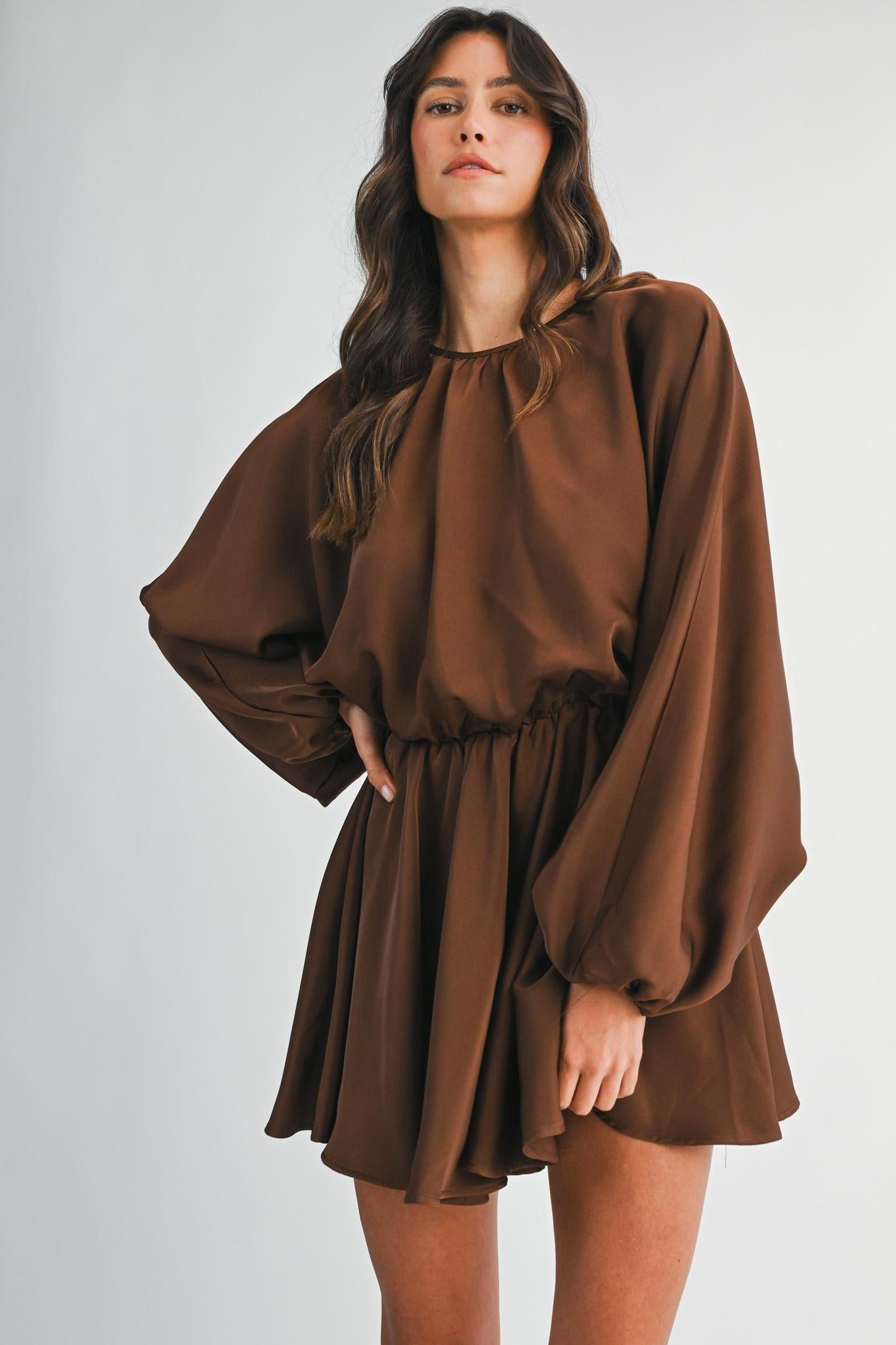 Chocolate Satin Balloon Long Sleeve Mini Dress