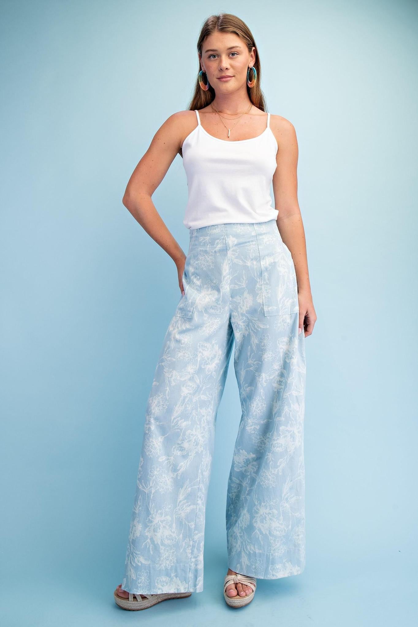 Light Denim Floral Print Wide Leg Pants