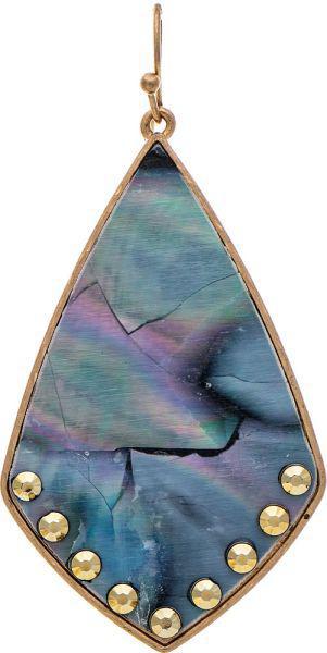 Gold Ellipse Ball Bead Studded Edge Blue Abalone Shell Earring