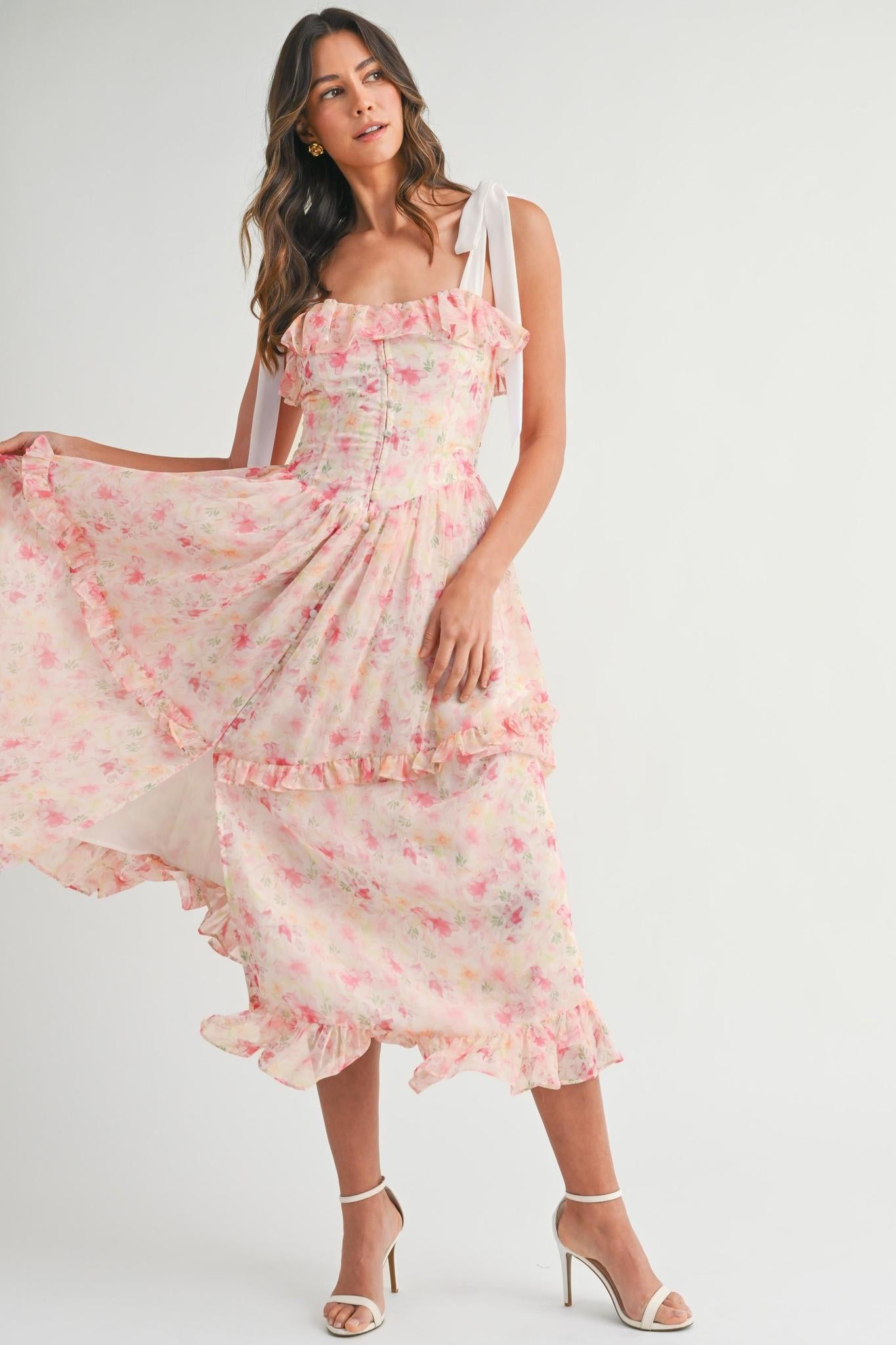Pink Floral Printed Shoulder Strap Midi Dress