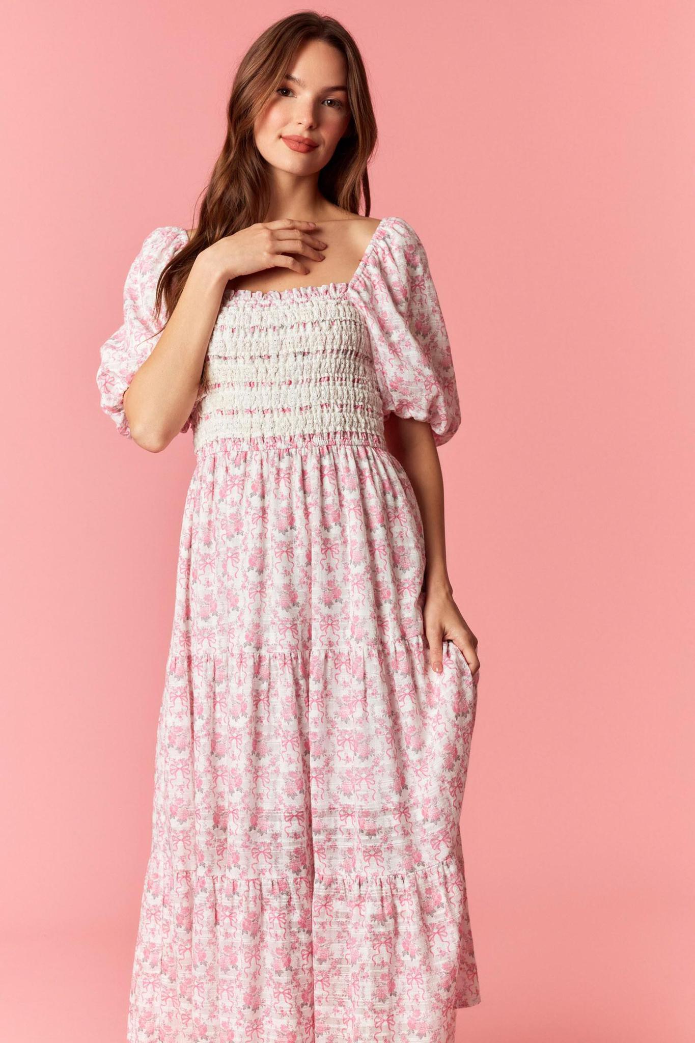 Smocked Lace Trim Printed Cotton Maxi Dress