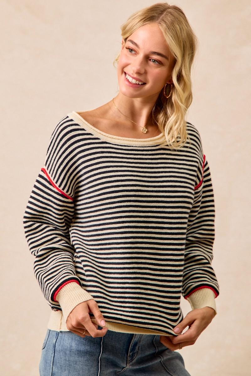 Stripe Knit Contrast Binding Sweater