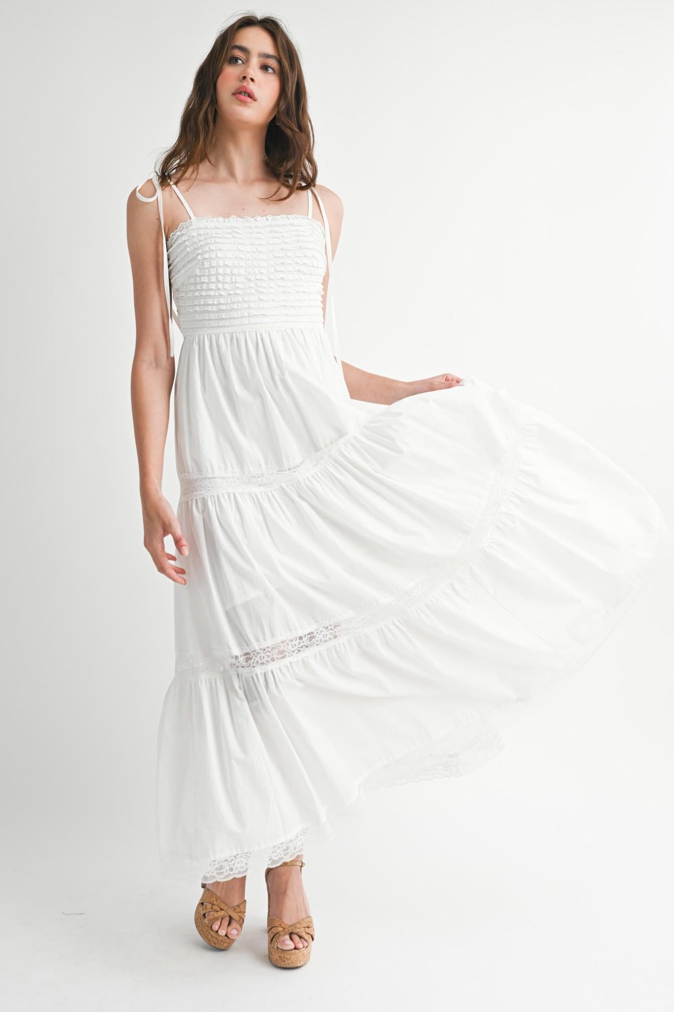 Ruffle Textured Self Tie Lace Trim Midi Dress