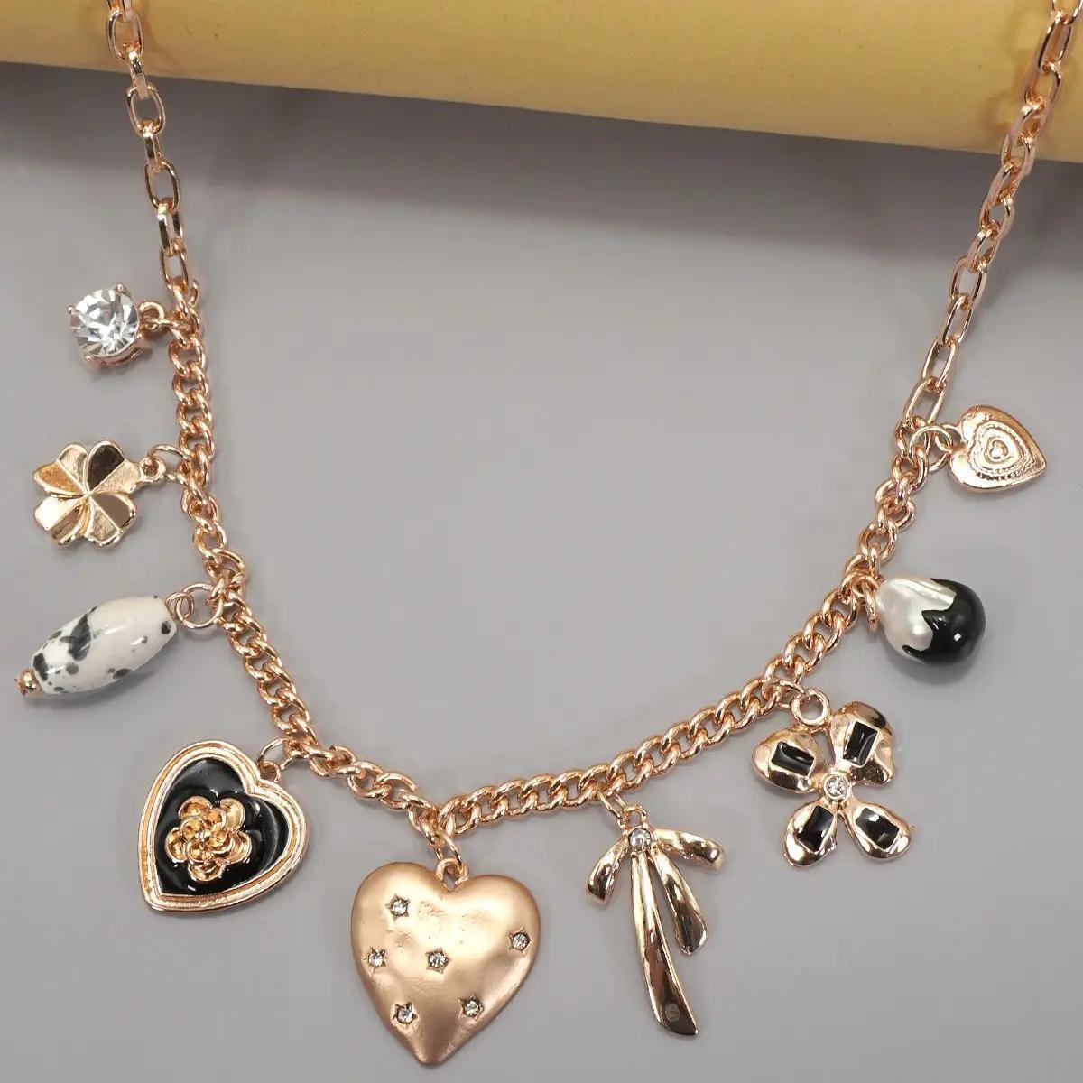 Charm Necklace-Heart Bow Pearl Flower