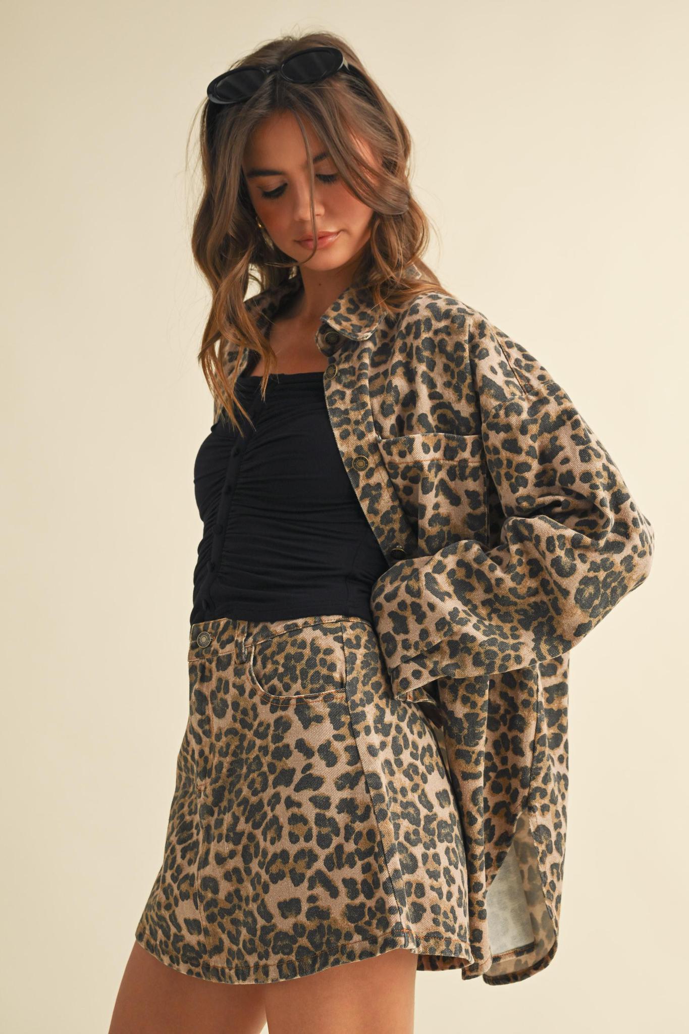 Leopard Shacket And Mini Skirt Set