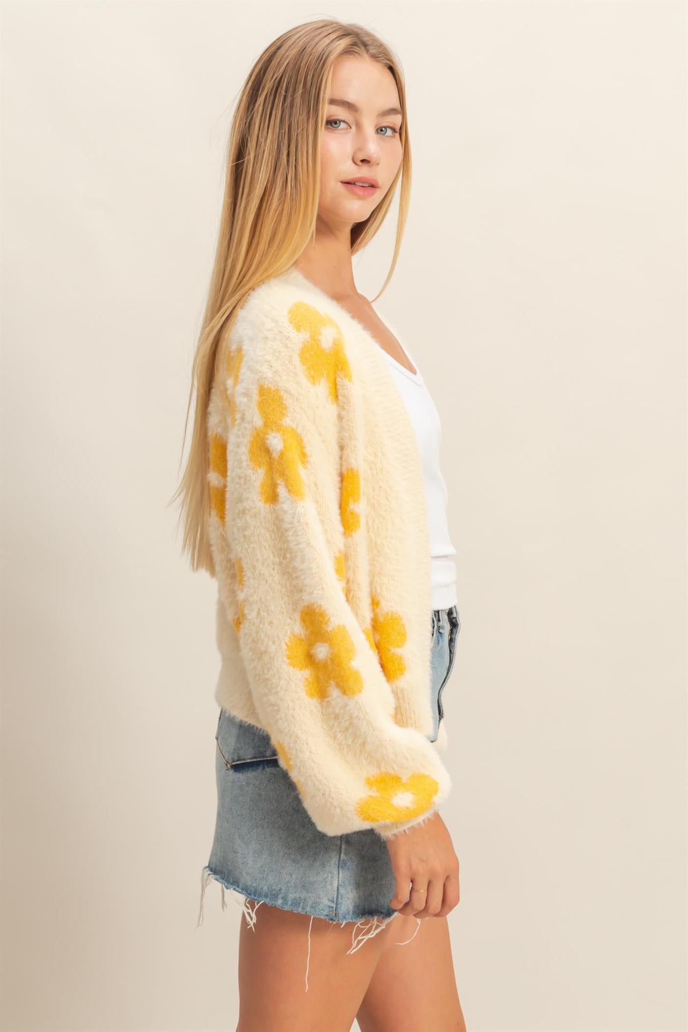 Yellow Floral Pattern Fuzzy Sweater Cardigan